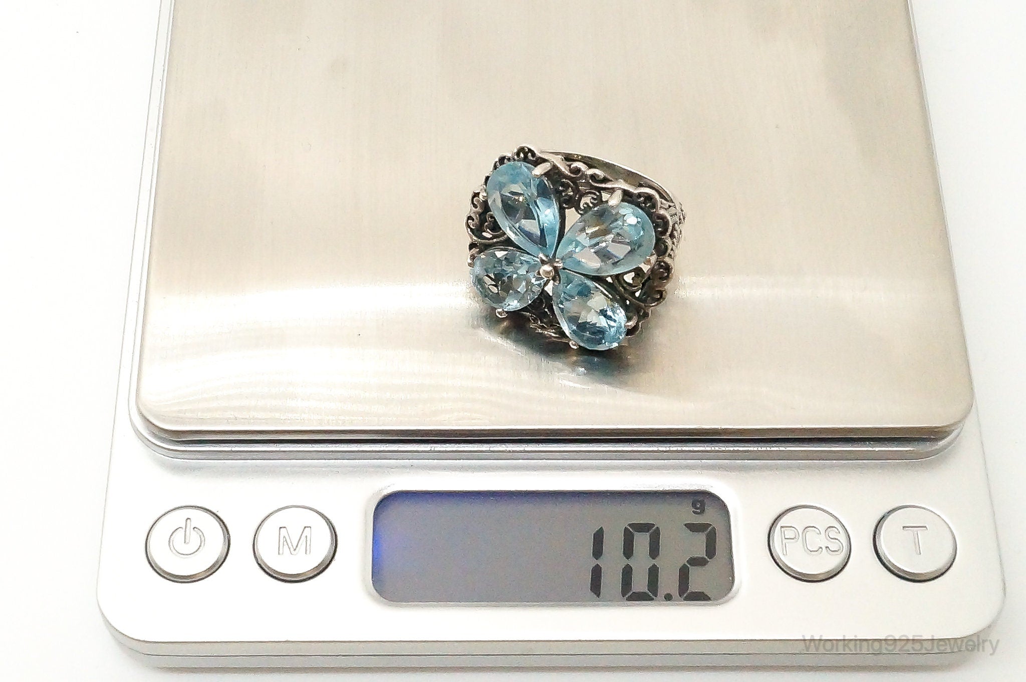 Vintage Blue Topaz Flower Sterling Silver Ring - Size 7