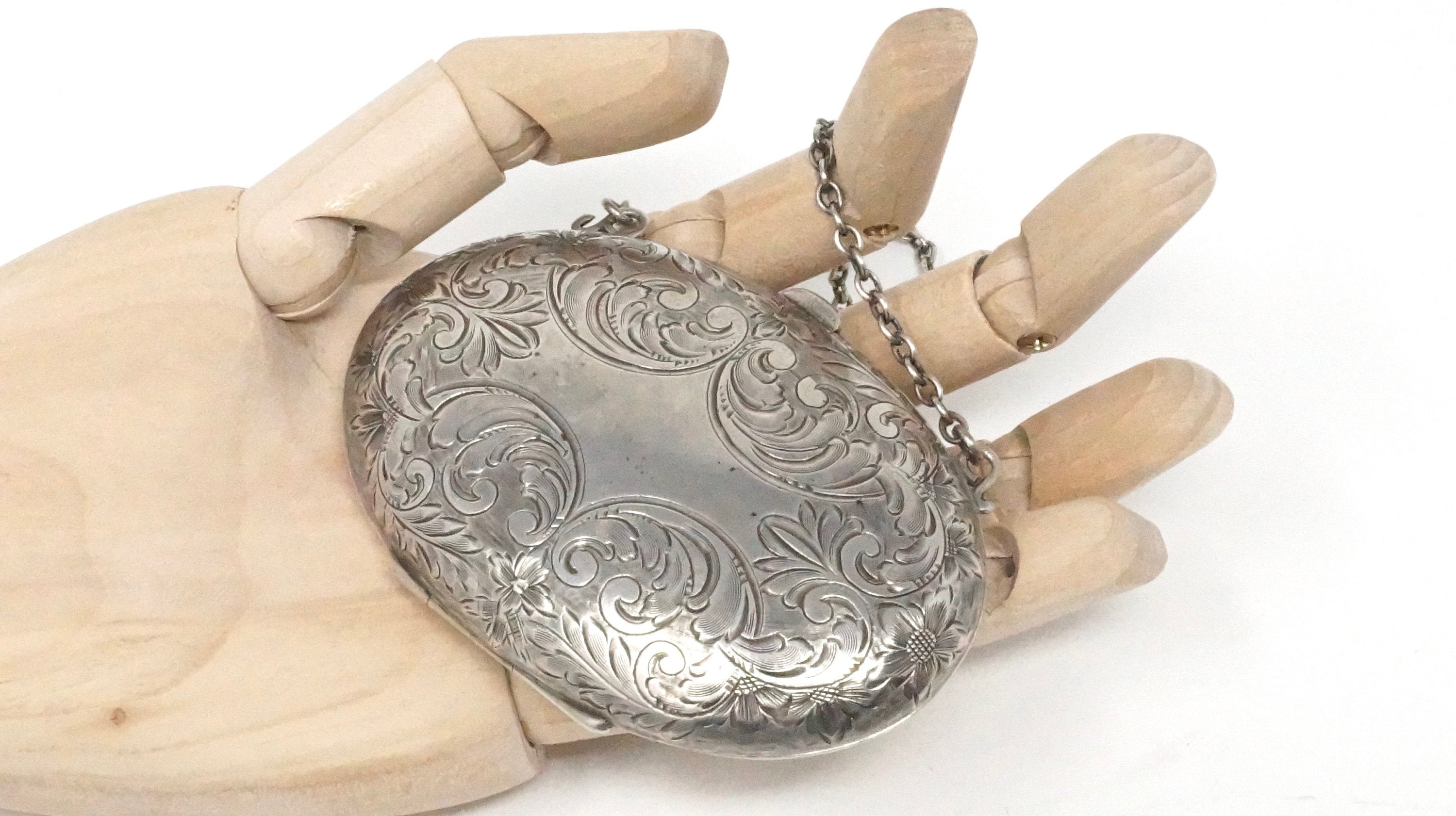 RARE Victorian 1800s Floral Pattern Etched Sterling Silver Coin Purse Hand Bag