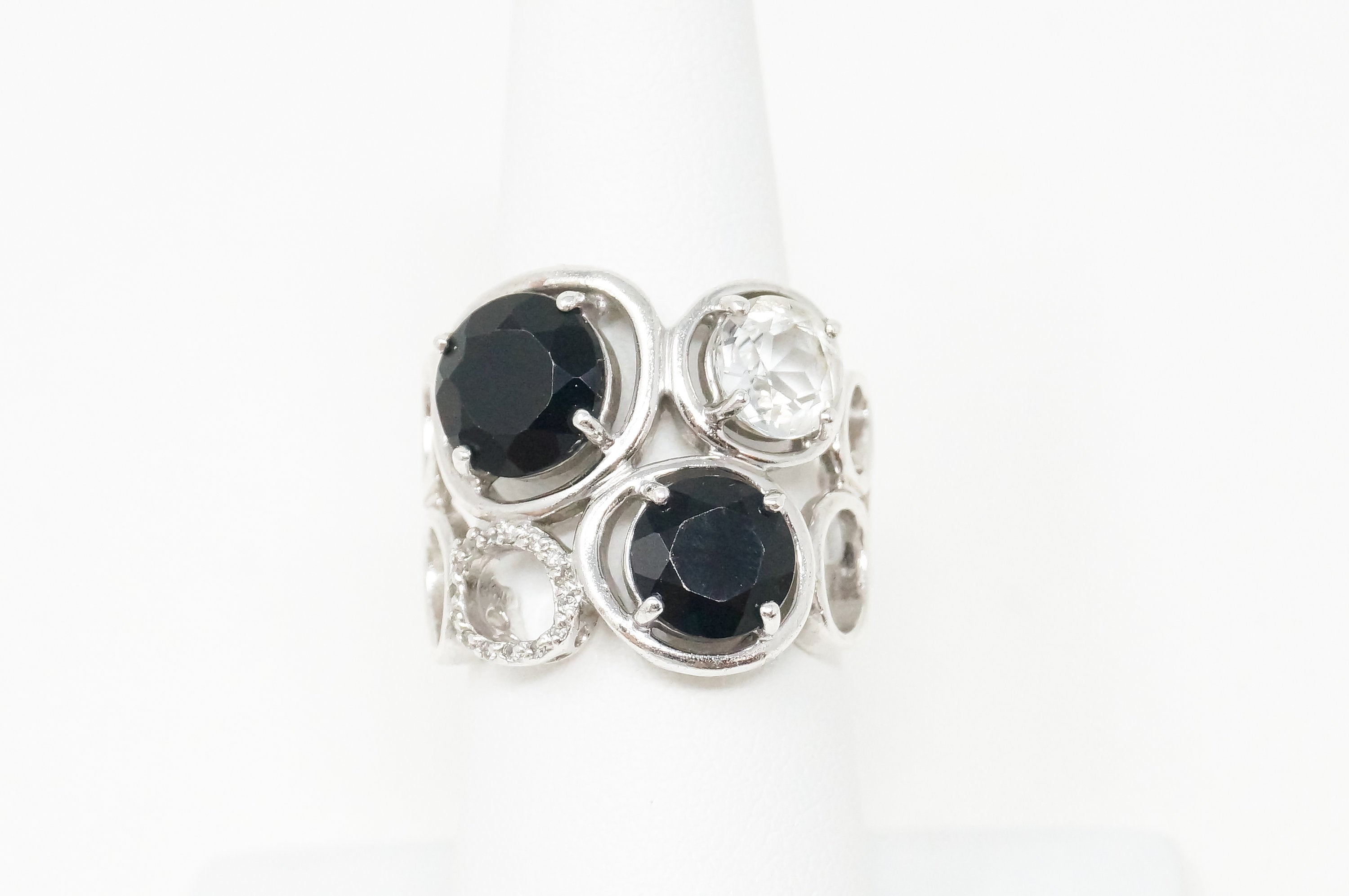 Vintage Art Deco Mid Century Style Black Onyx Cz Sterling Silver Ring - Size 6.5