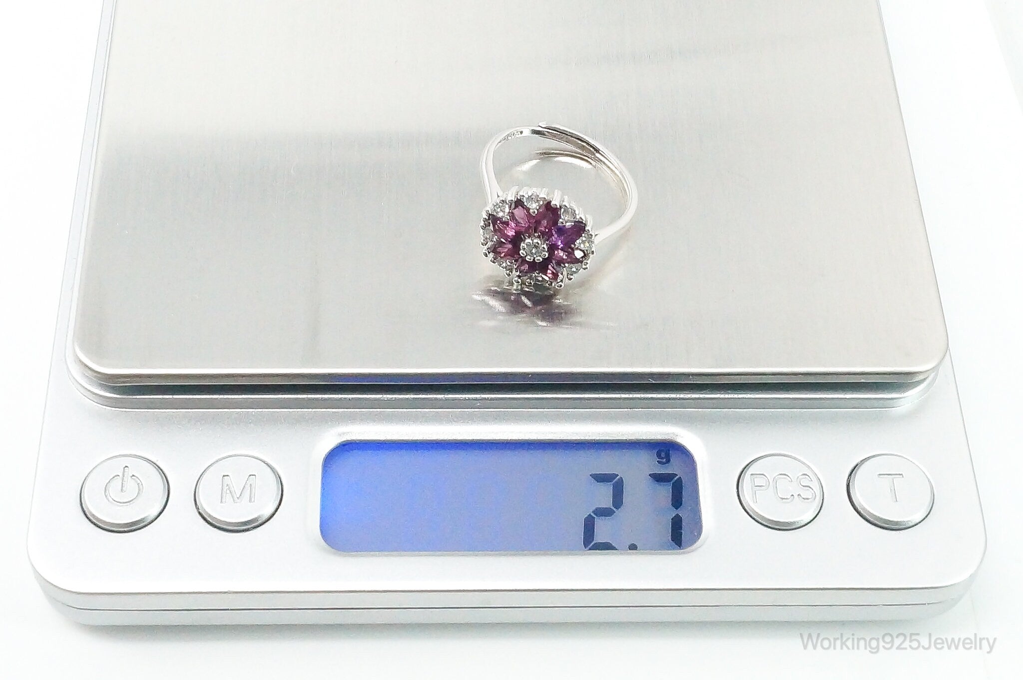 Vintage Amethyst Cubic Zirconia Sterling Silver Flower Ring - SZ 6.75 Adjustable