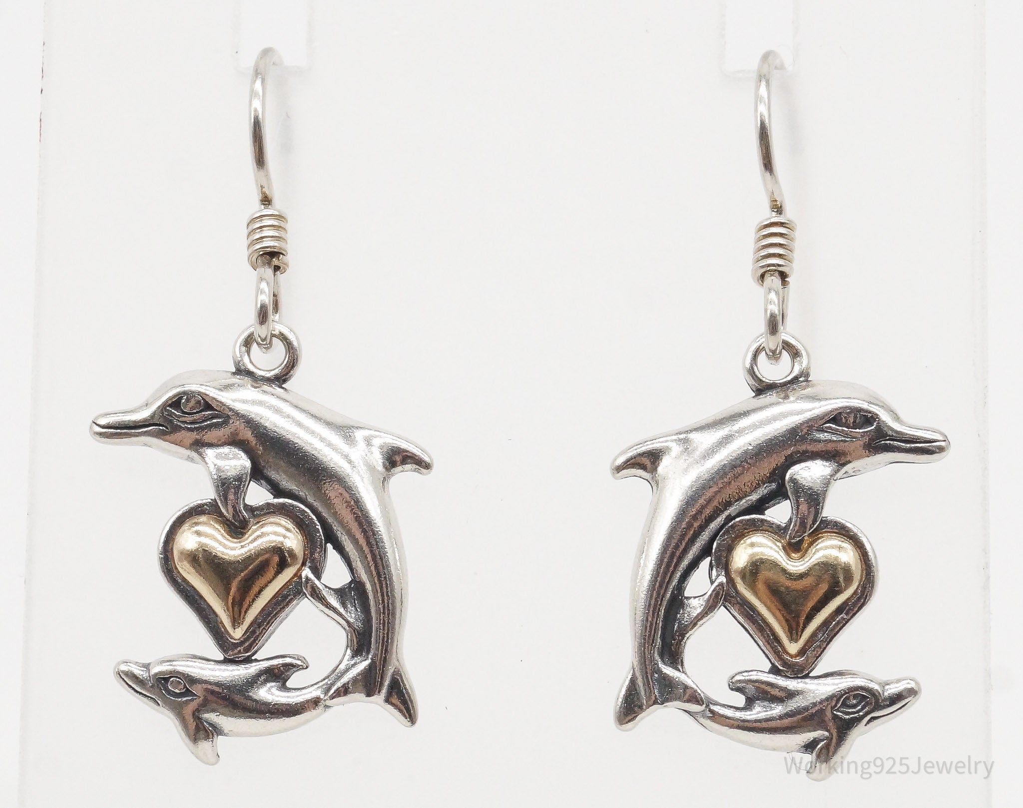 Vintage Designer Waldeck Johnson 14K Gold Heart Dolphin Sterling Silver Earrings