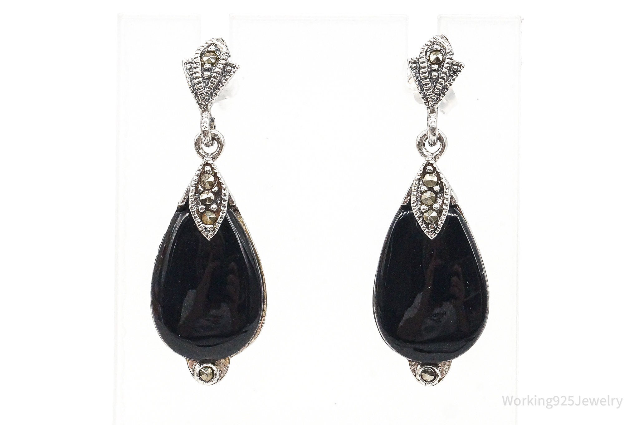 Vintage Black Onyx Marcasite Sterling Silver Earrings