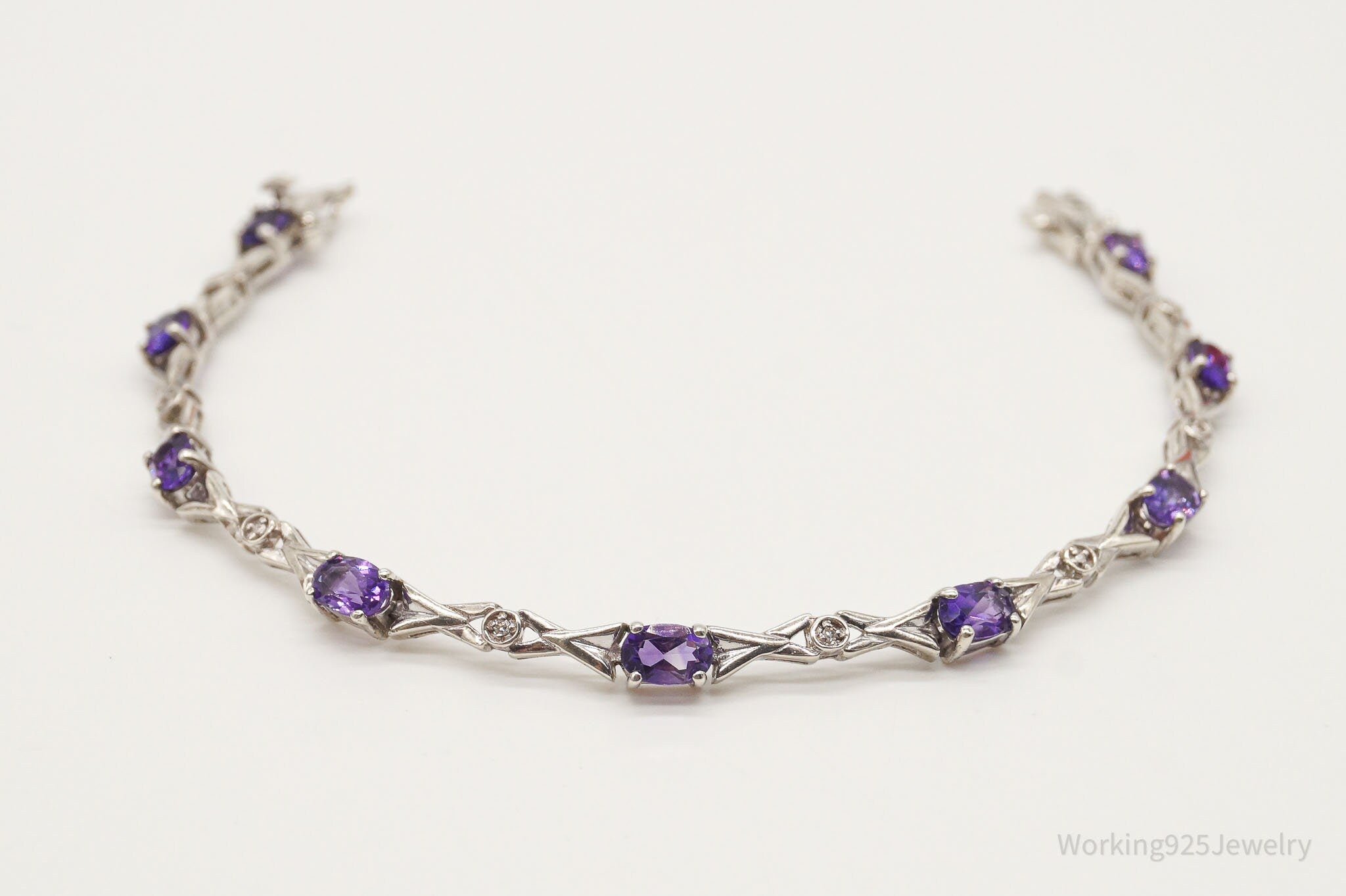 Vintage Amethyst Two Diamonds Sterling Silver Bracelet