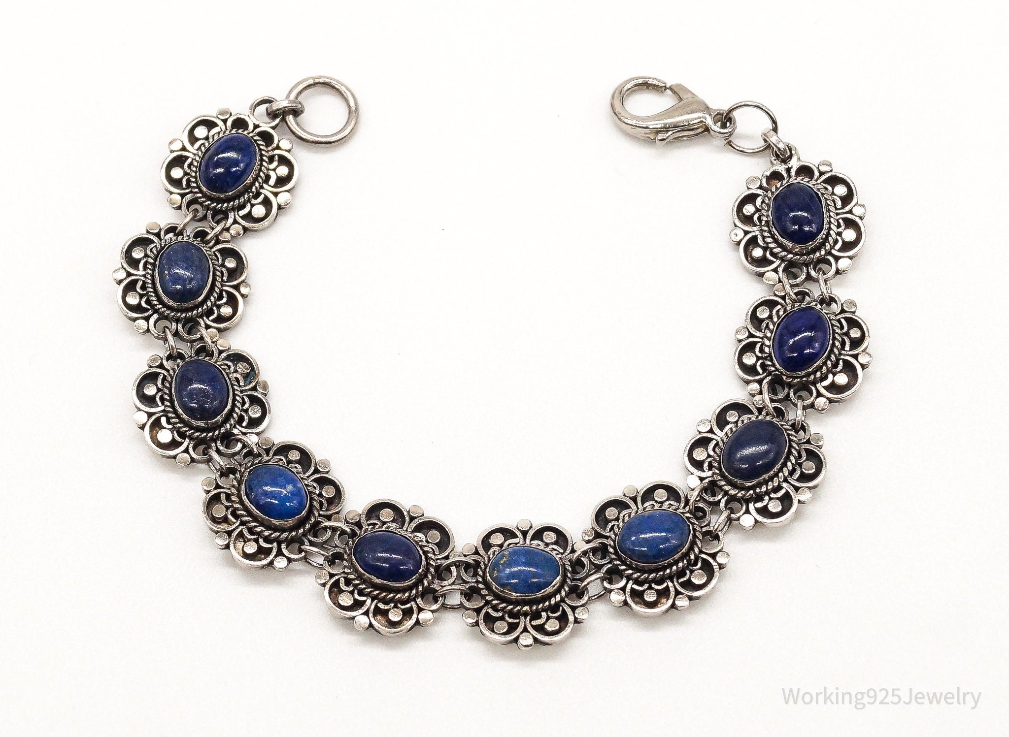 Vintage Lapis Lazuli Flowers Sterling Silver Bracelet