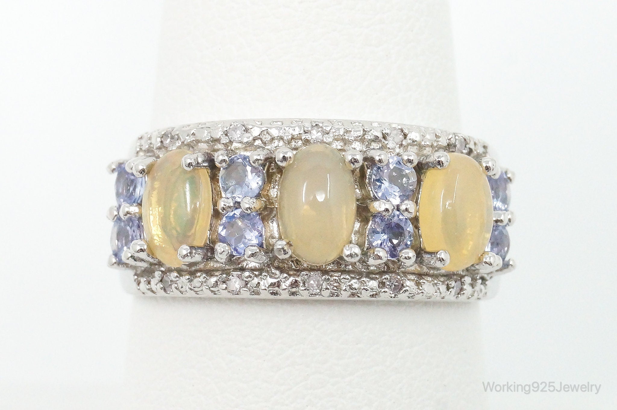 Designer Yellow Opalite Iolite Cubic Zirconia Sterling Silver Ring Size 8