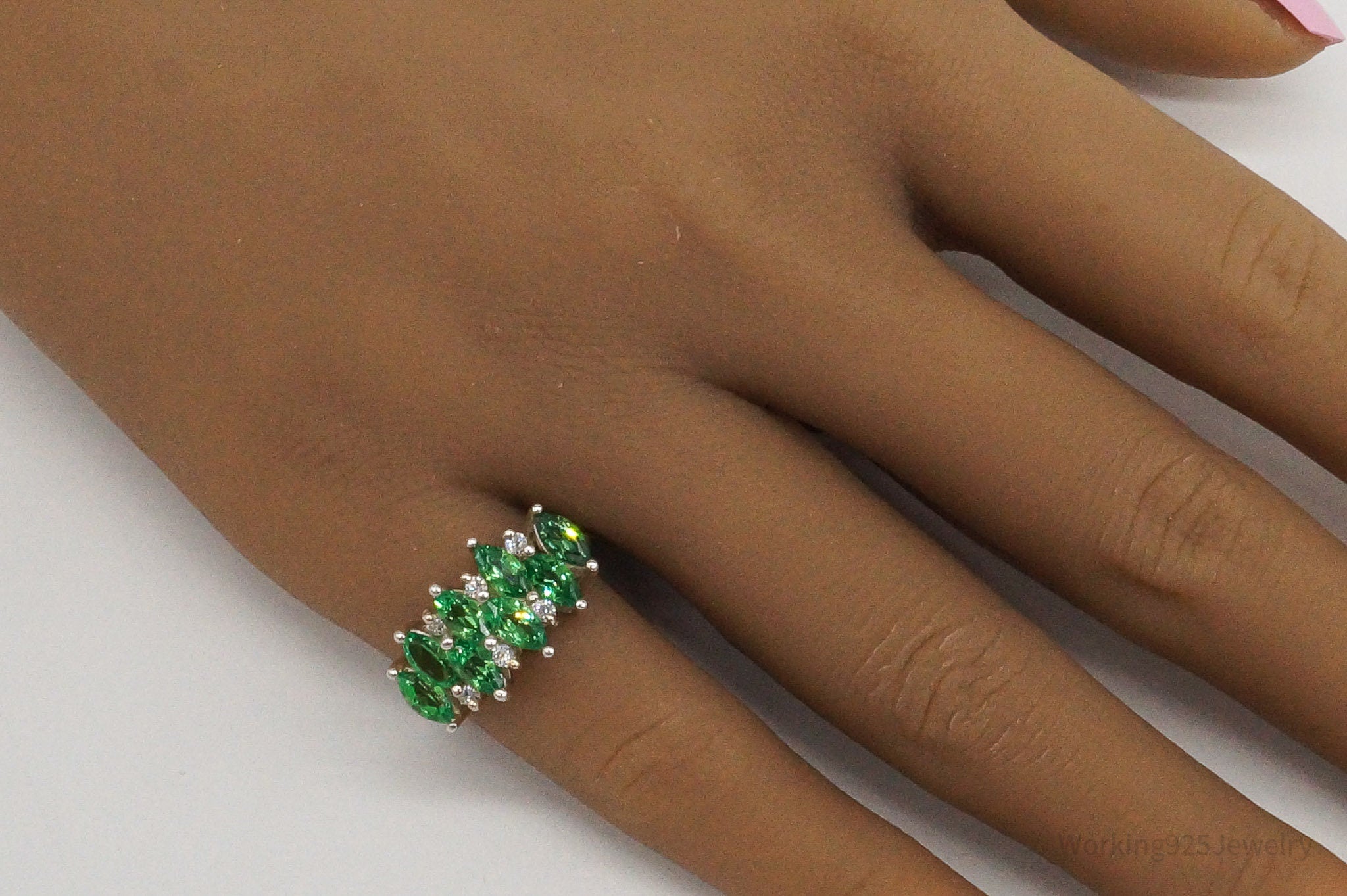 Vintage Green & White Cubic Zirconia Sterling Silver Ring - Size 5