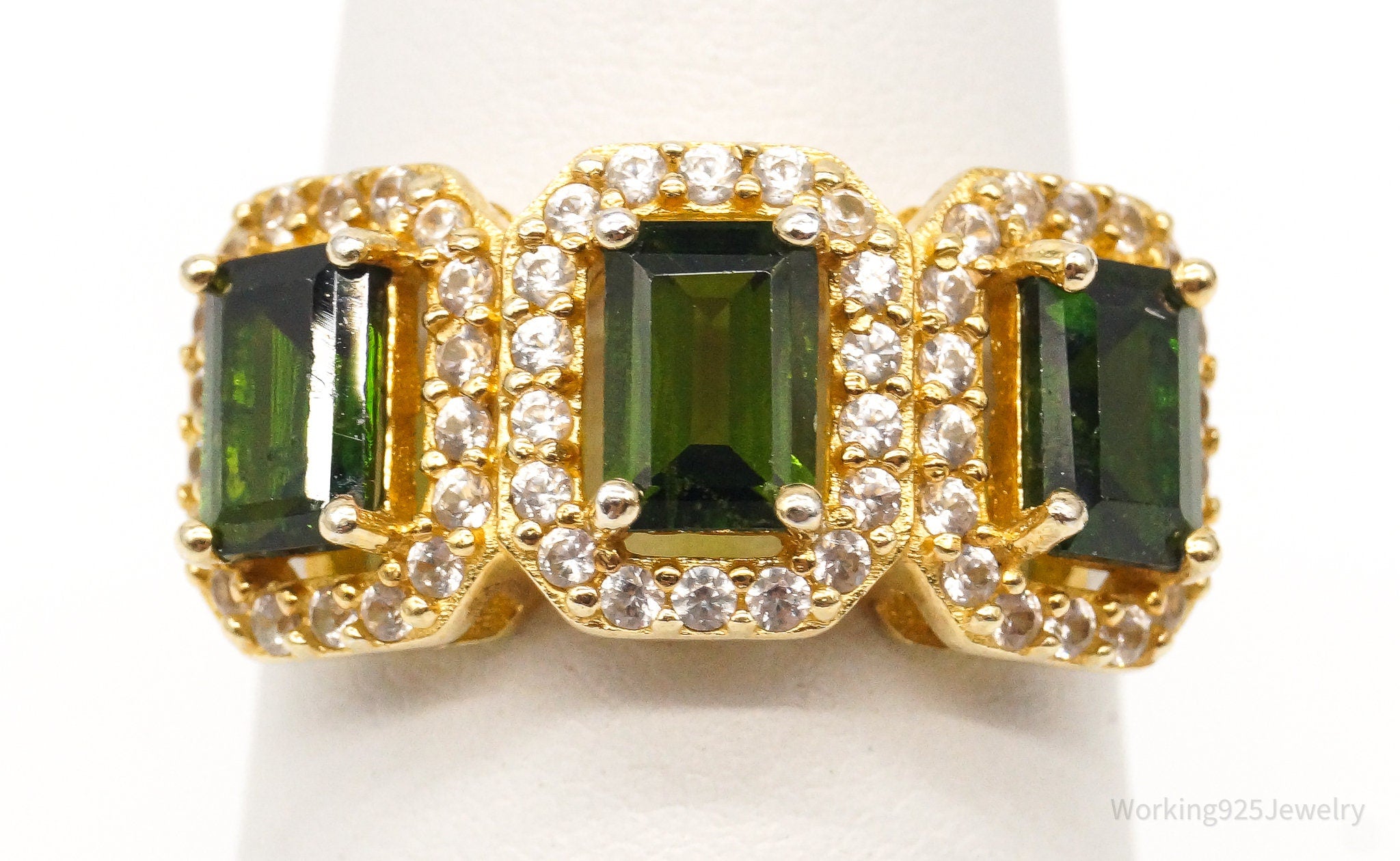 Designer Peridot Cubic Zirconia Gold Vermeil Sterling Silver Ring - Size 7