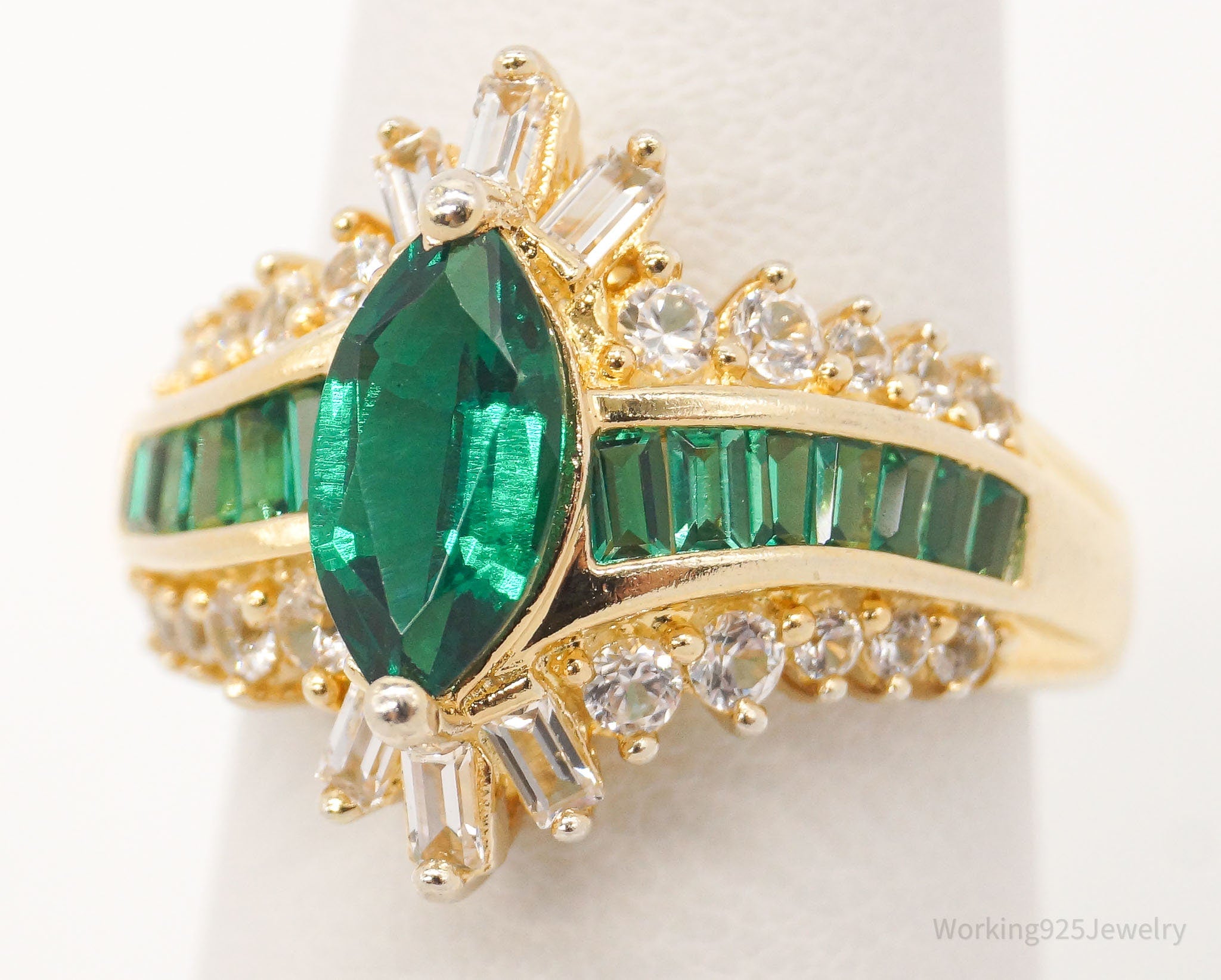 Designer Lab Emerald Cubic Zirconia Gold Vermeil Sterling Silver Ring Size 6