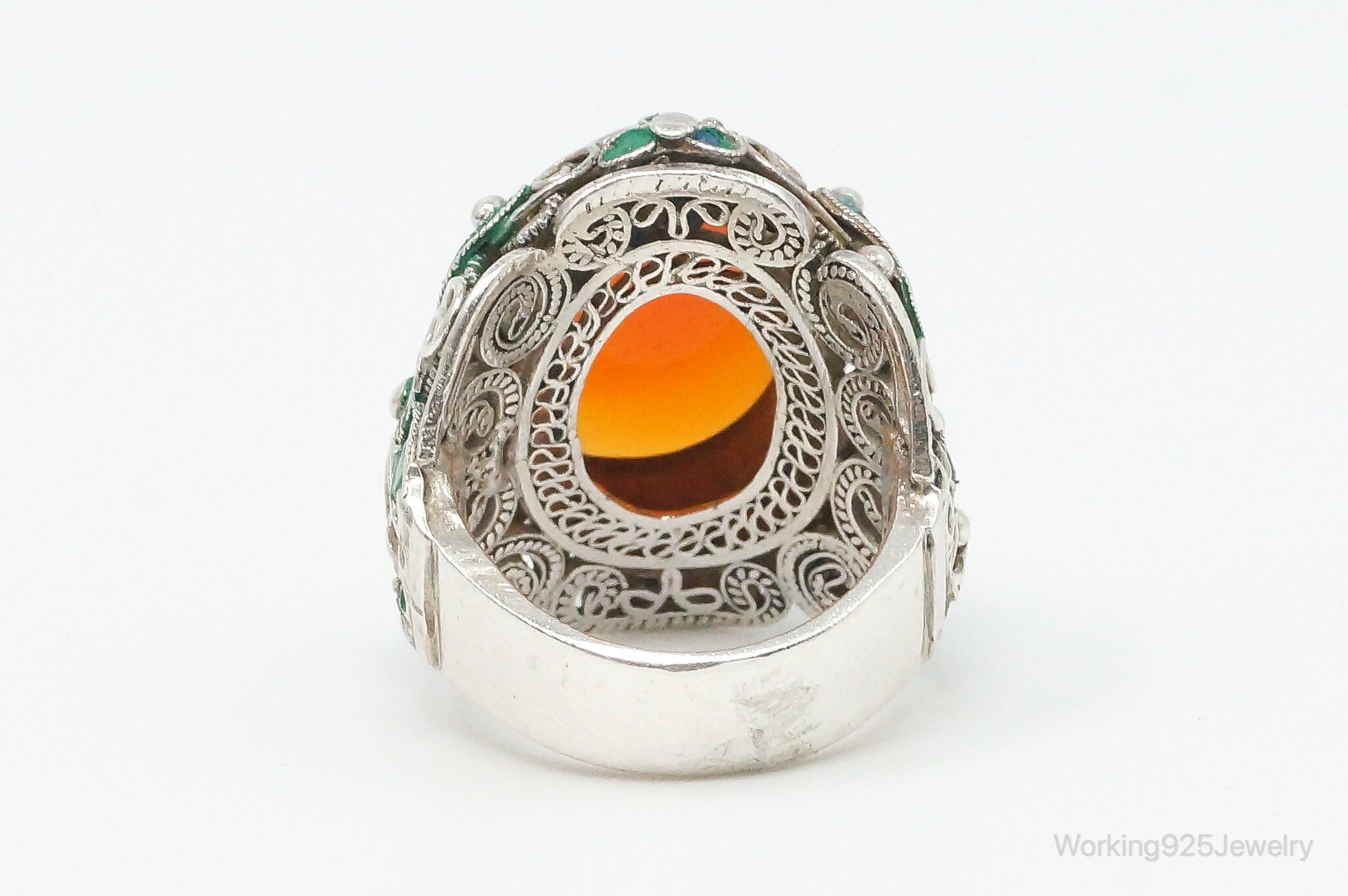 Vintage Large Carnelian Enamel Filigree Silver Ring - Size 5.25