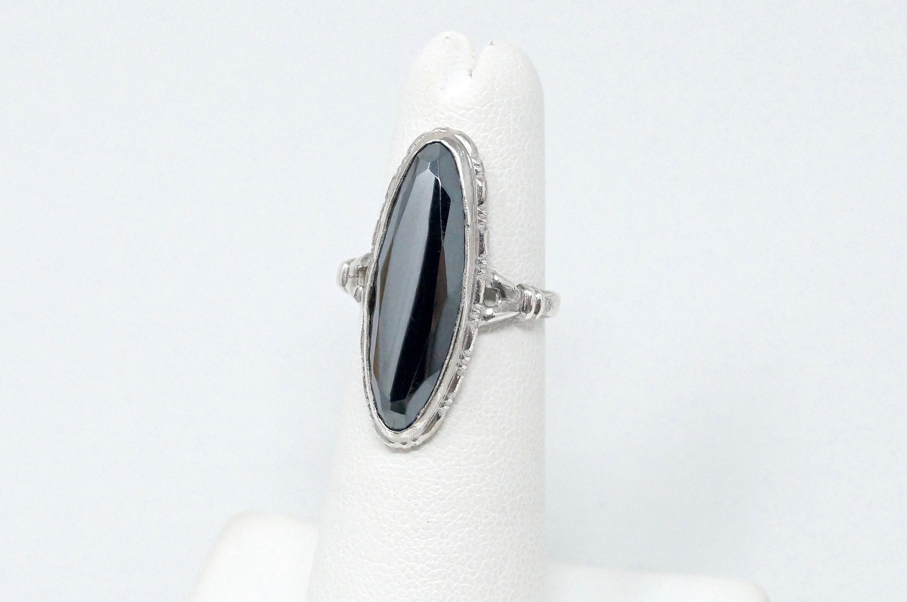 Antique Designer Large Hematite Statement Ring Sterling Silver - Size 4.75