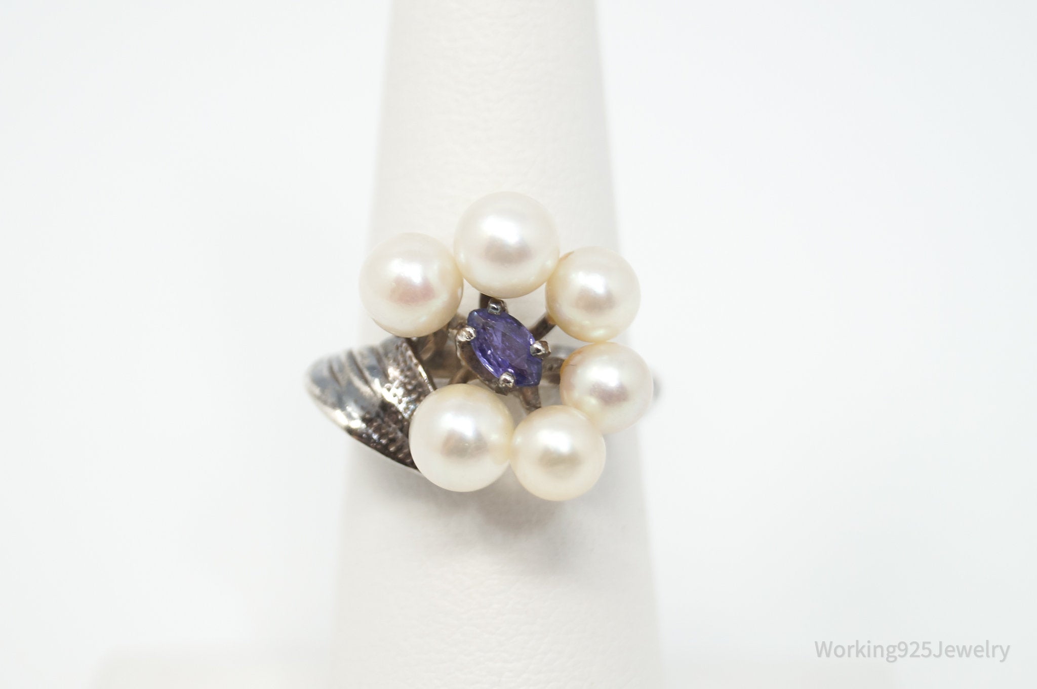 Antique Amethyst Pearl Sterling Silver Ring - Sz 6.25