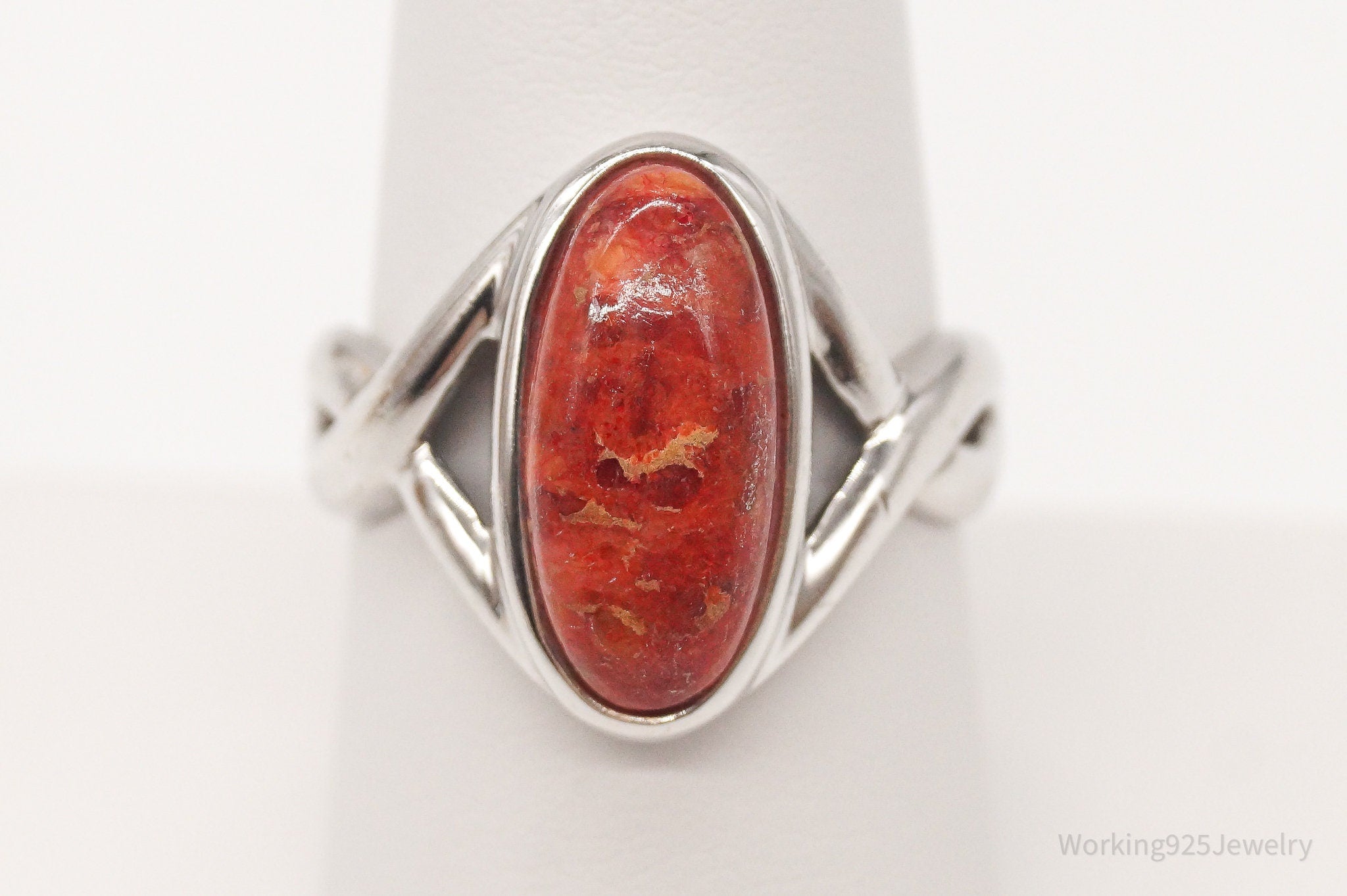 Designer BBJ Red Coral Sterling Silver Ring - Size 8.25