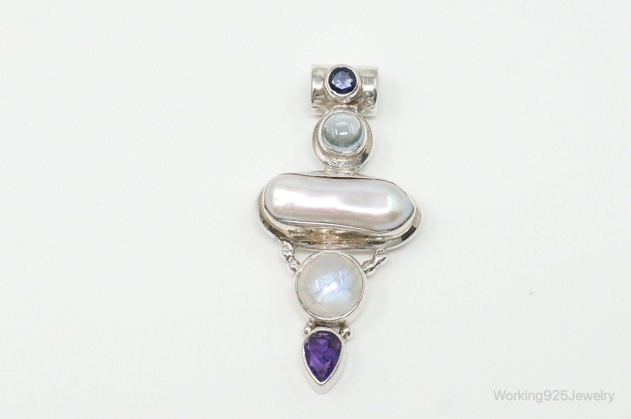 Large SJ Amethyst Blue Topaz Moonstone Iolite Sterling Silver Pendant