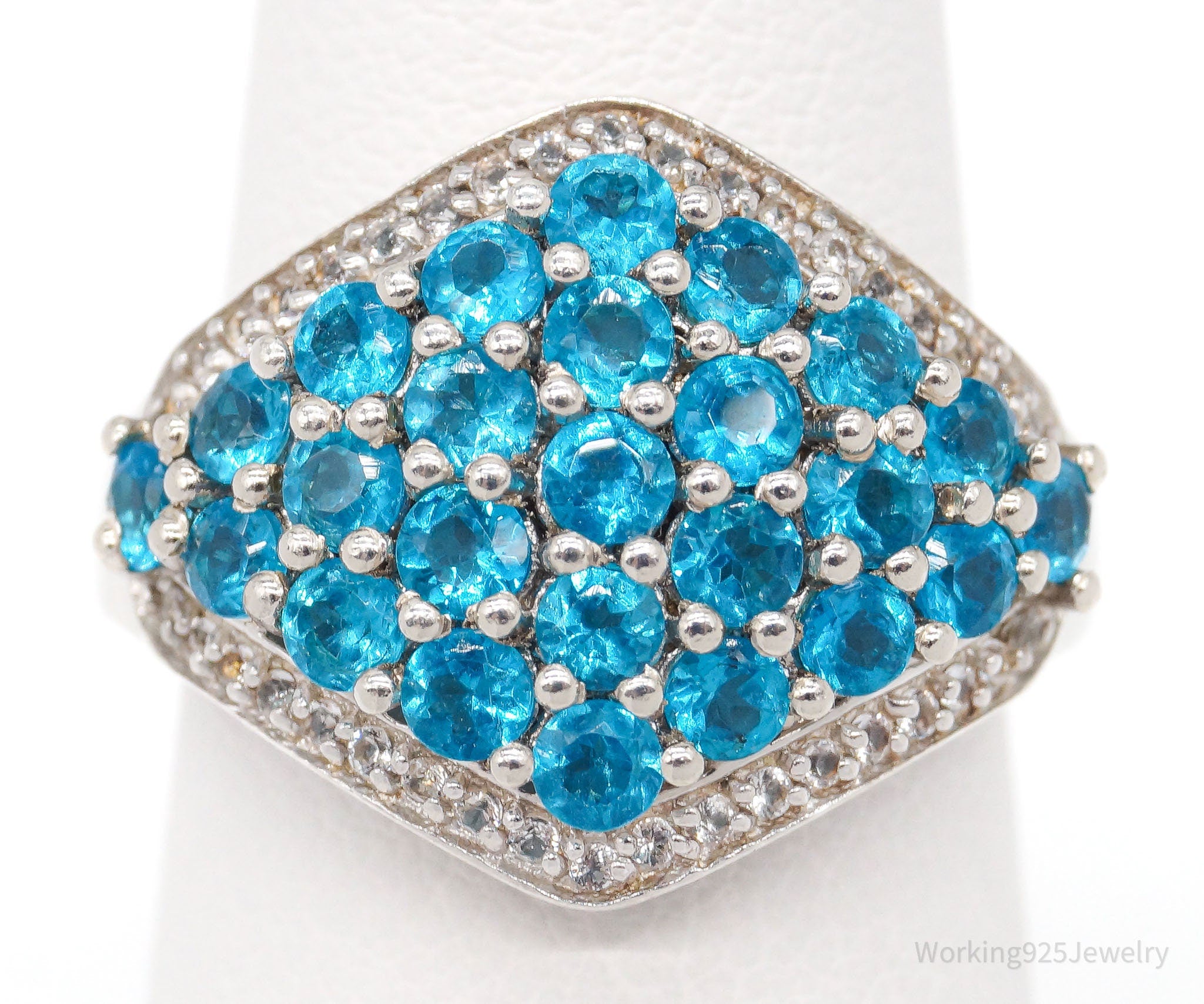 Vintage Blue & White Cubic Zirconia Sterling Silver Ring - Size 7