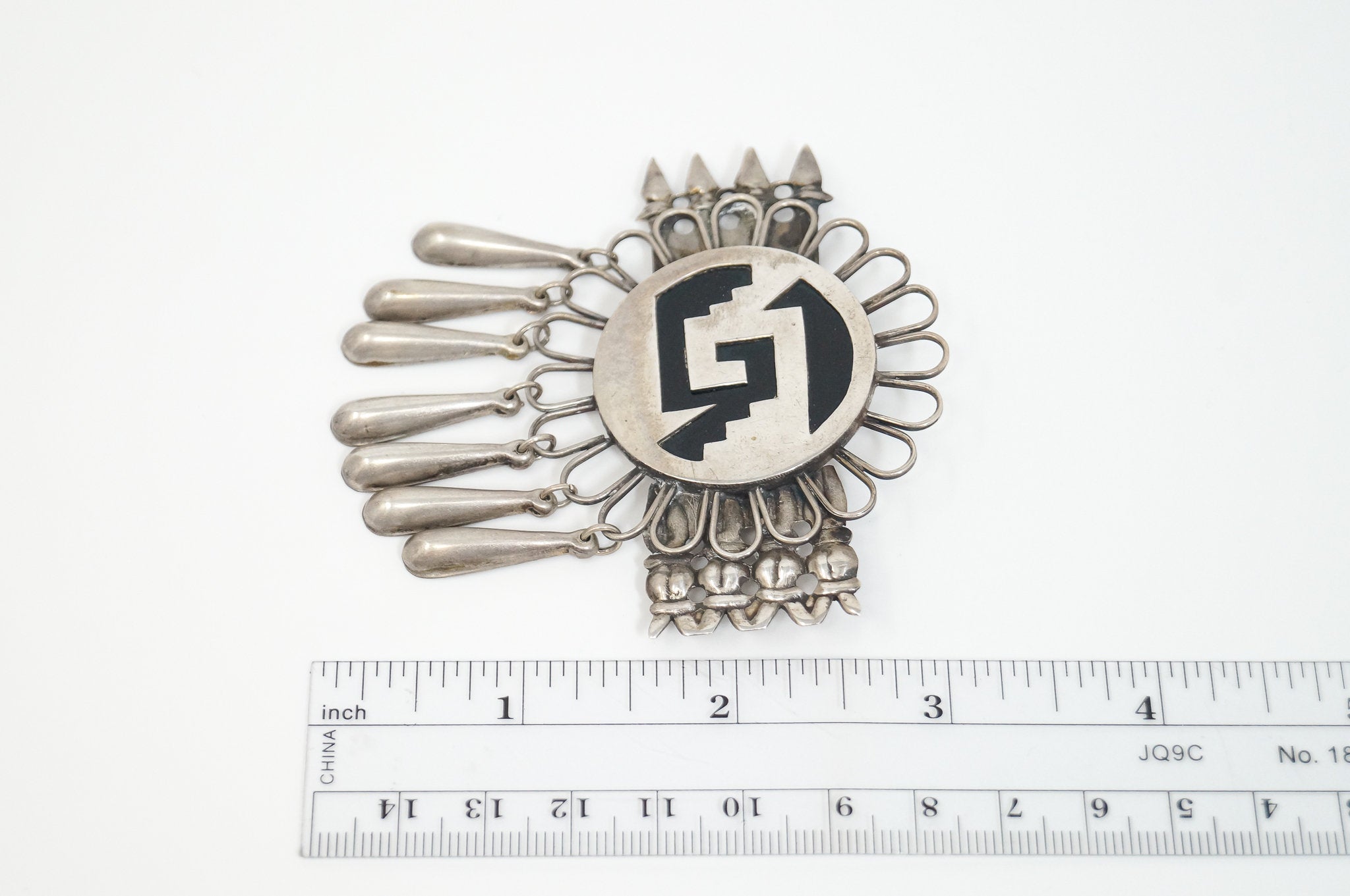 Large Vintage Mexico Handmade Aztec Dangle Silver Brooch Pin