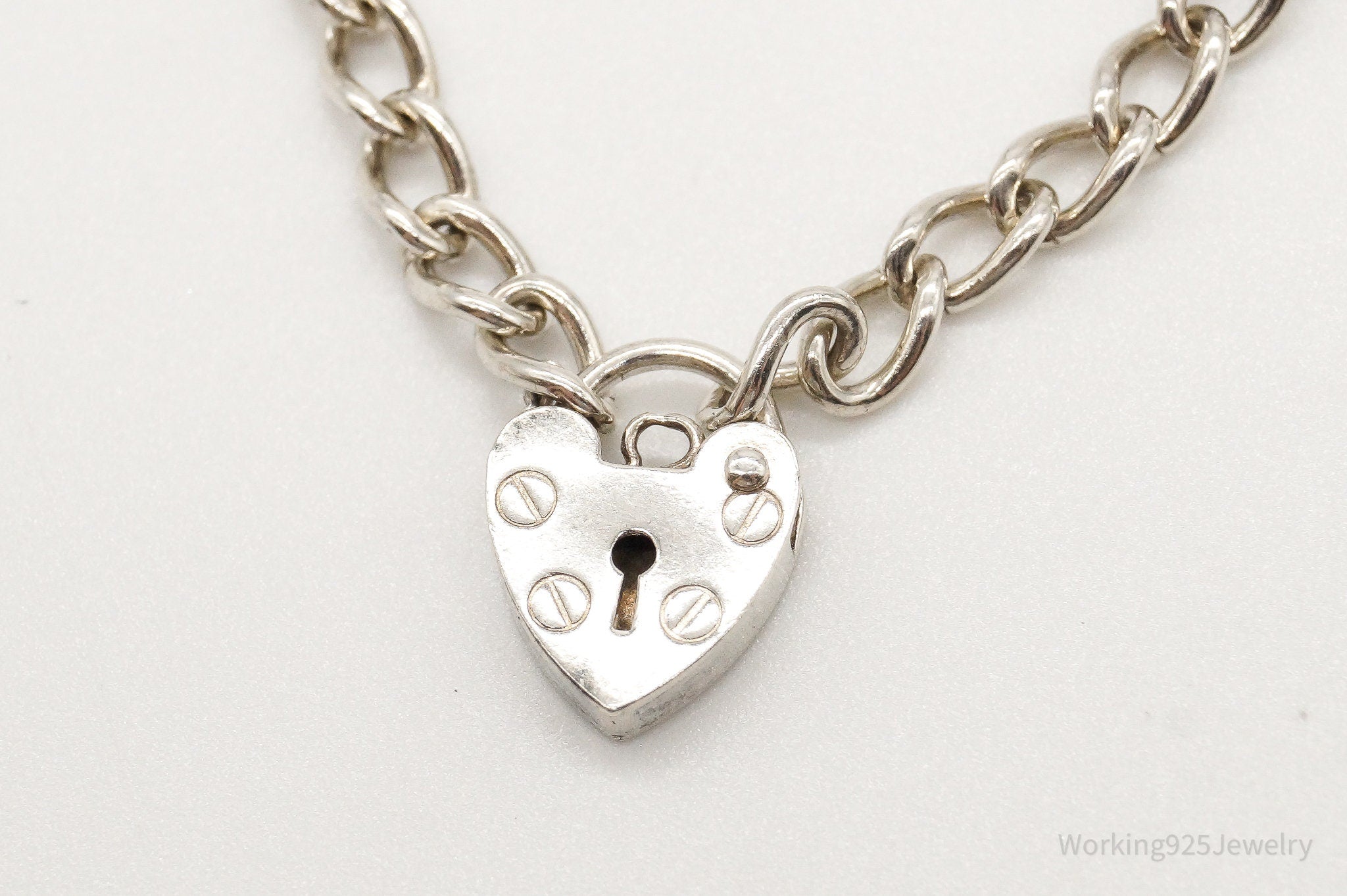 Antique Heart Lock Charm Lover Sterling Silver Chainlink Bracelet