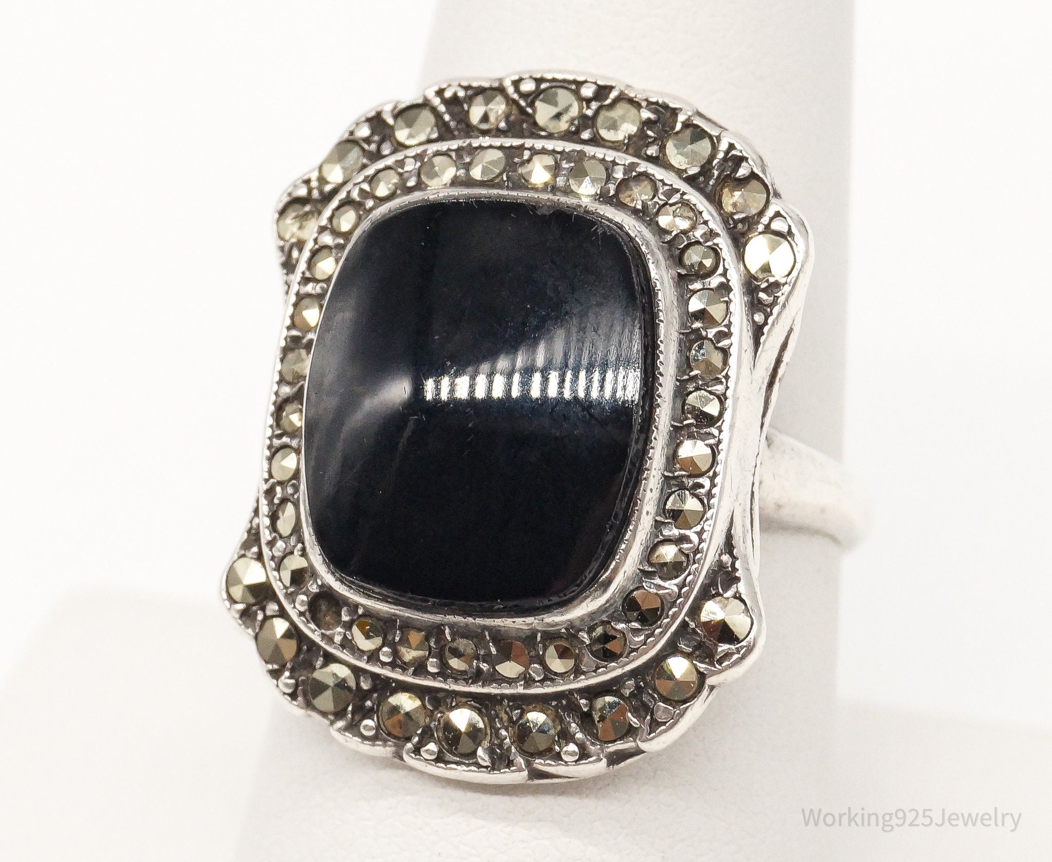 Antique Black Onyx Marcasite Sterling Silver Ring SZ 7.75