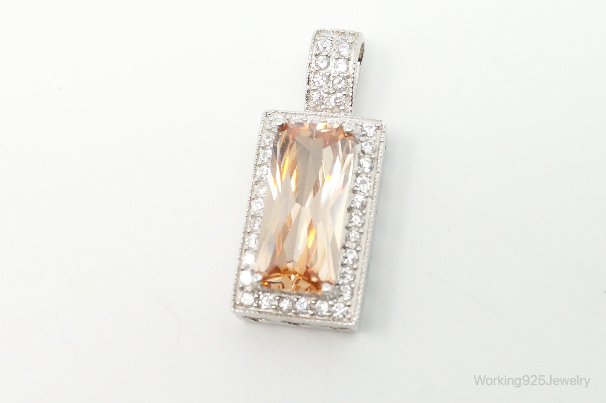 Large Vintage Art Deco Citrine Cubic Zirconia Sterling Silver Pendant