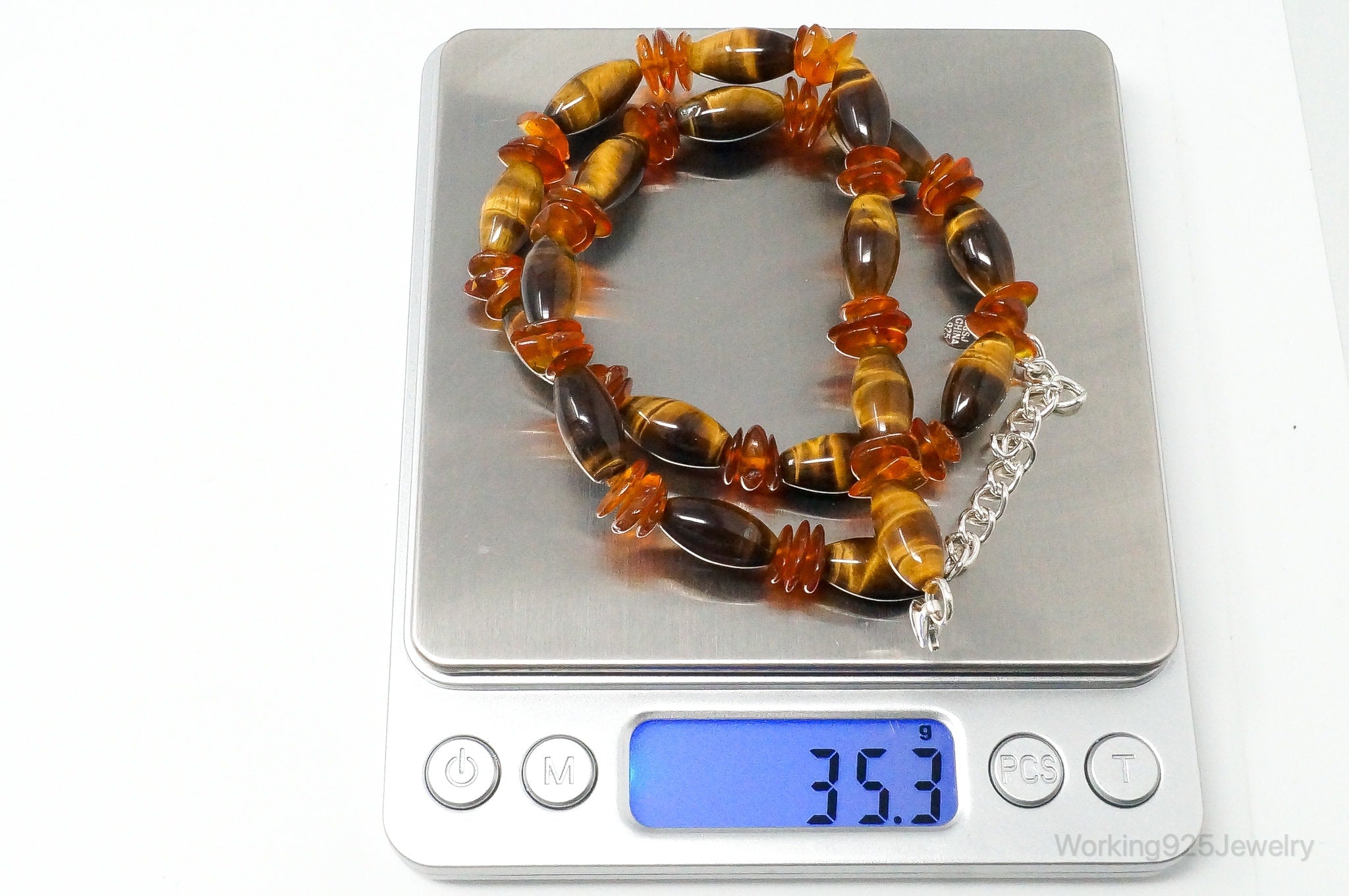 Vintage Designer GSJ Amber Tigers Eye Beads Sterling Silver Necklace