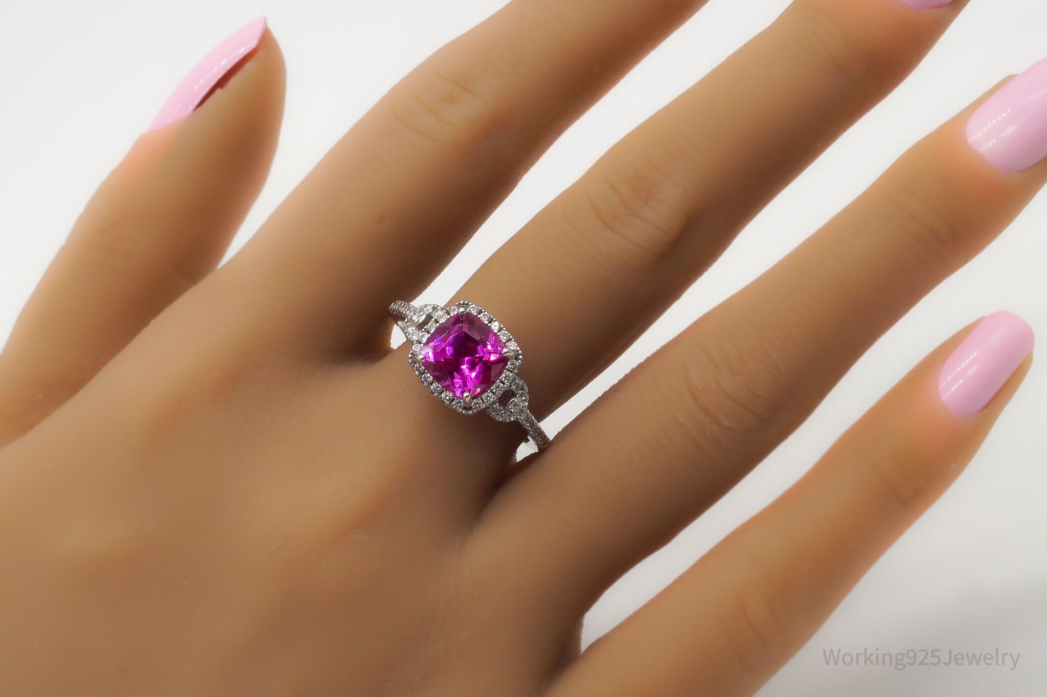 Designer Pink Sapphire Cubic Zirconia Sterling Silver Ring - Size 9