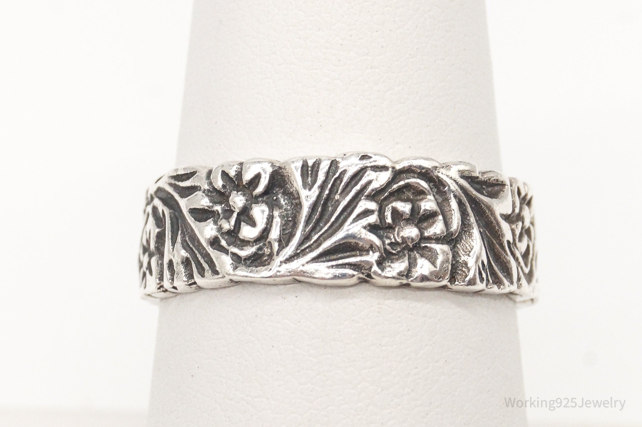 Vintage Flowers Sterling Silver Band Ring - Size 7.5