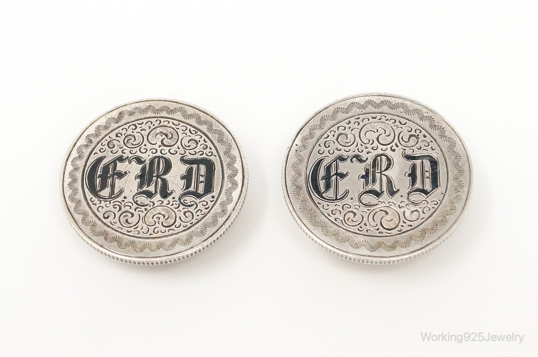 Antique Art Deco Etched Initials Seated Liberty Coin Silver Cufflinks