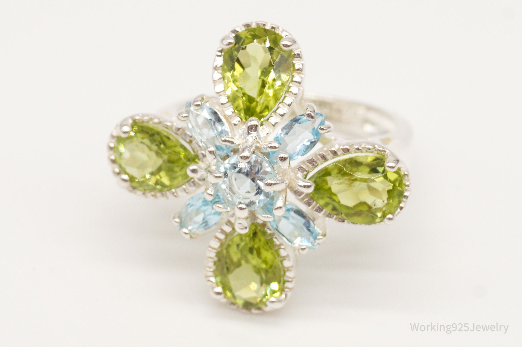 Vintage Designer Blue Topaz Peridot Flower Sterling Silver Ring - Size 6