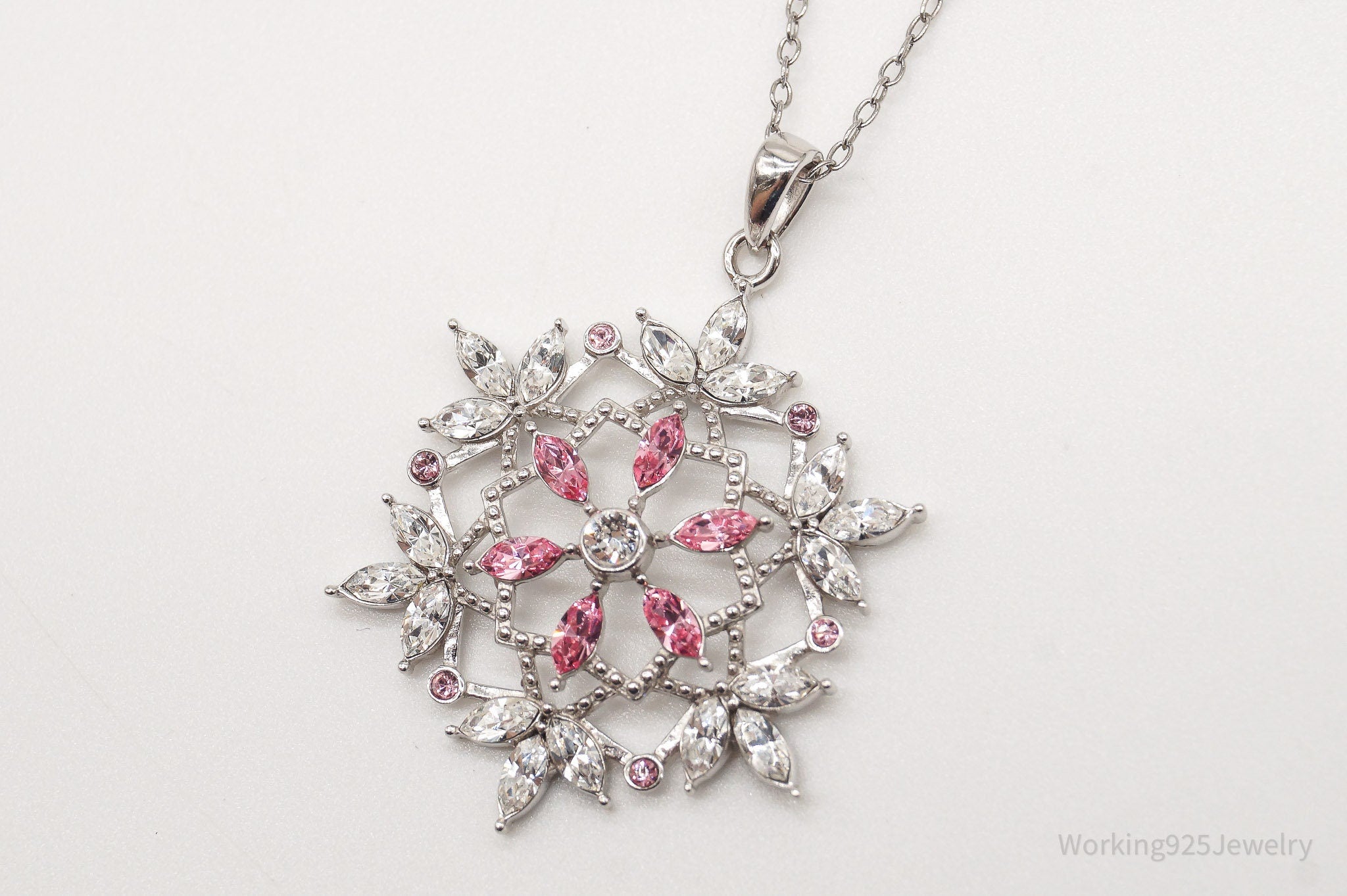 Vintage Designer RL Pink & White Crystal Snowflake Sterling Silver Necklace