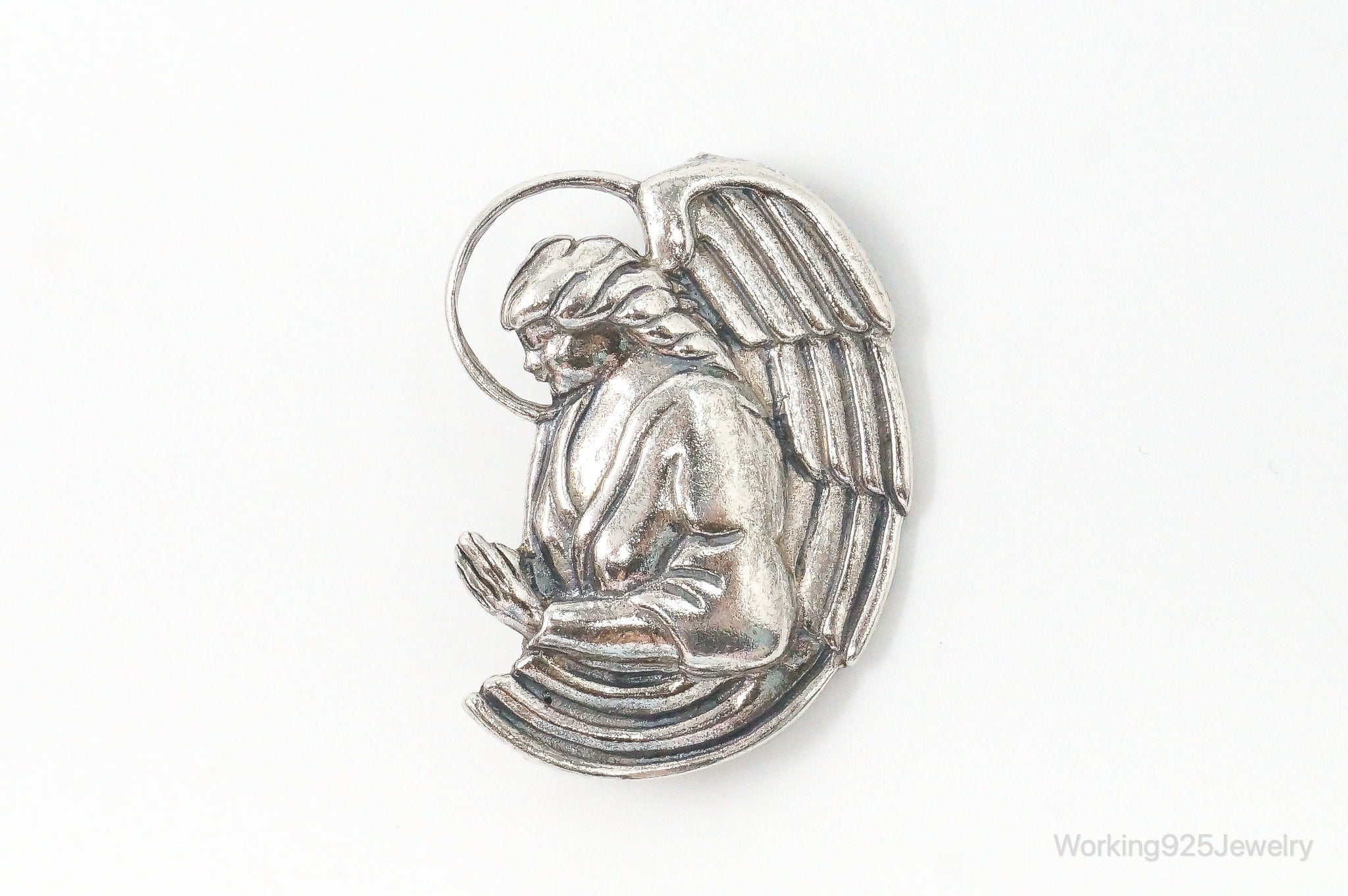 Vintage Designer Jezlaine Angel Praying Sterling Silver Brooch Pin