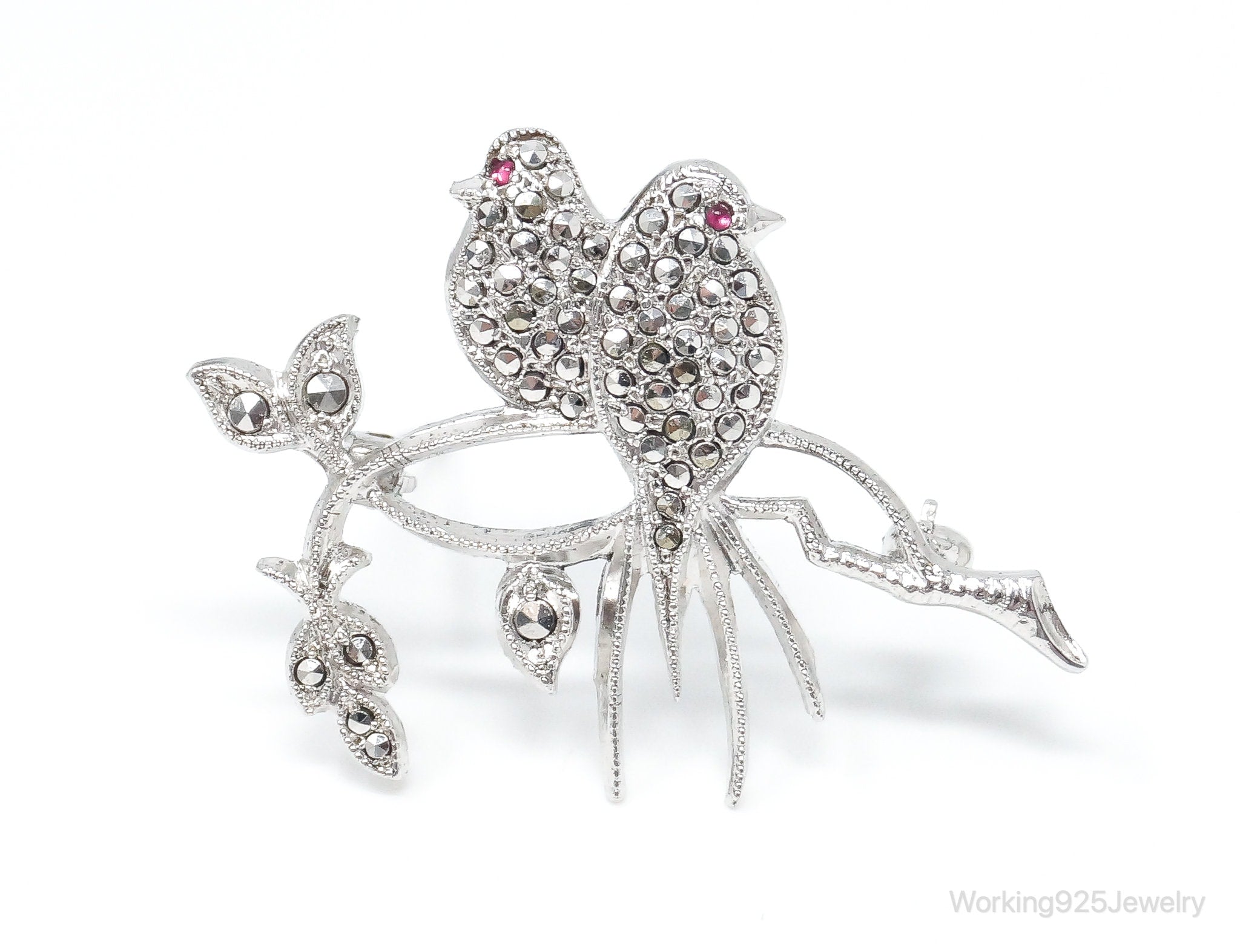 Vintage Birds On Branch Pink Gemstones Hematite Sterling Silver Pin Brooch