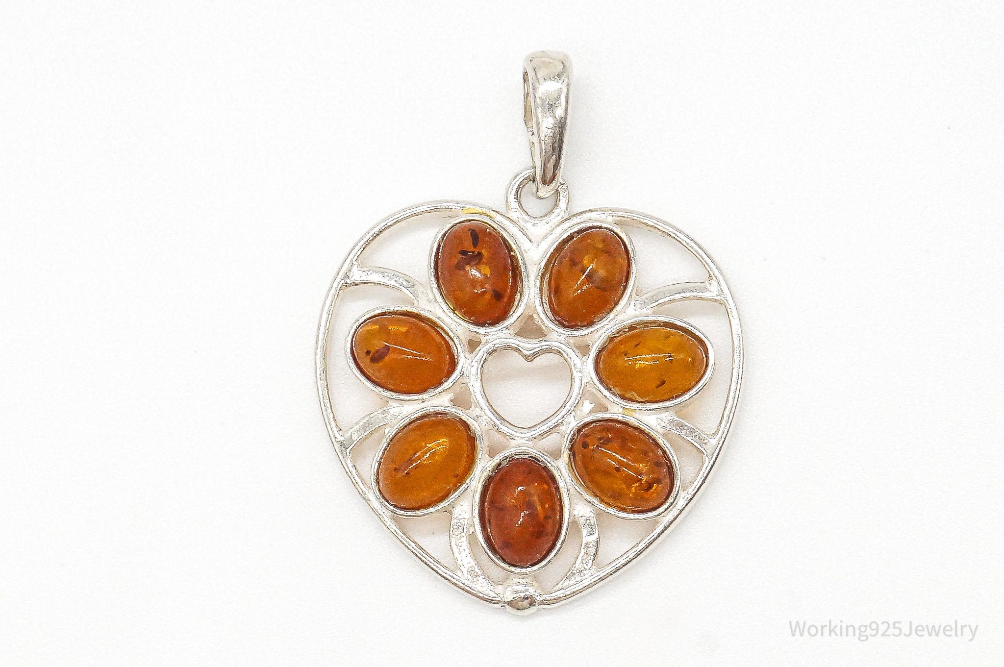 Vintage Amber Heart Modernist Sterling Silver Pendant