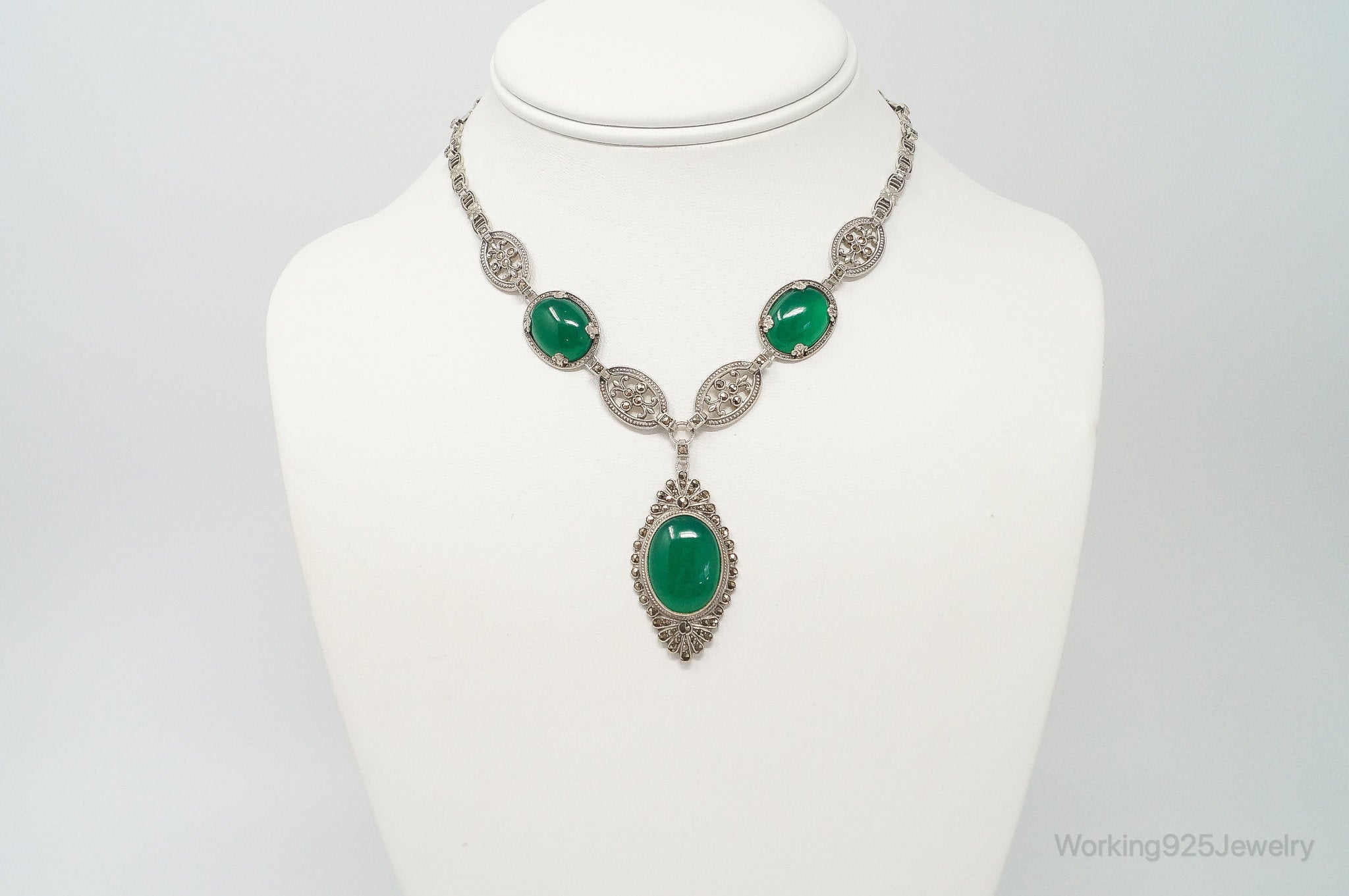 Antique Green Chrysoprase Marcasite Sterling Silver Necklace