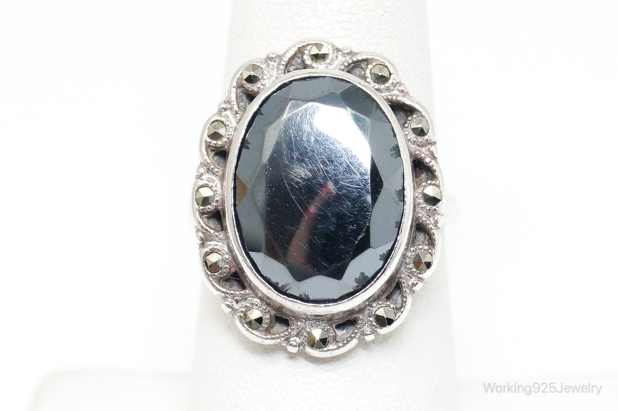 Antique Clark & Coombs Hematite Marcasite Sterling Silver Ring SZ 7.25