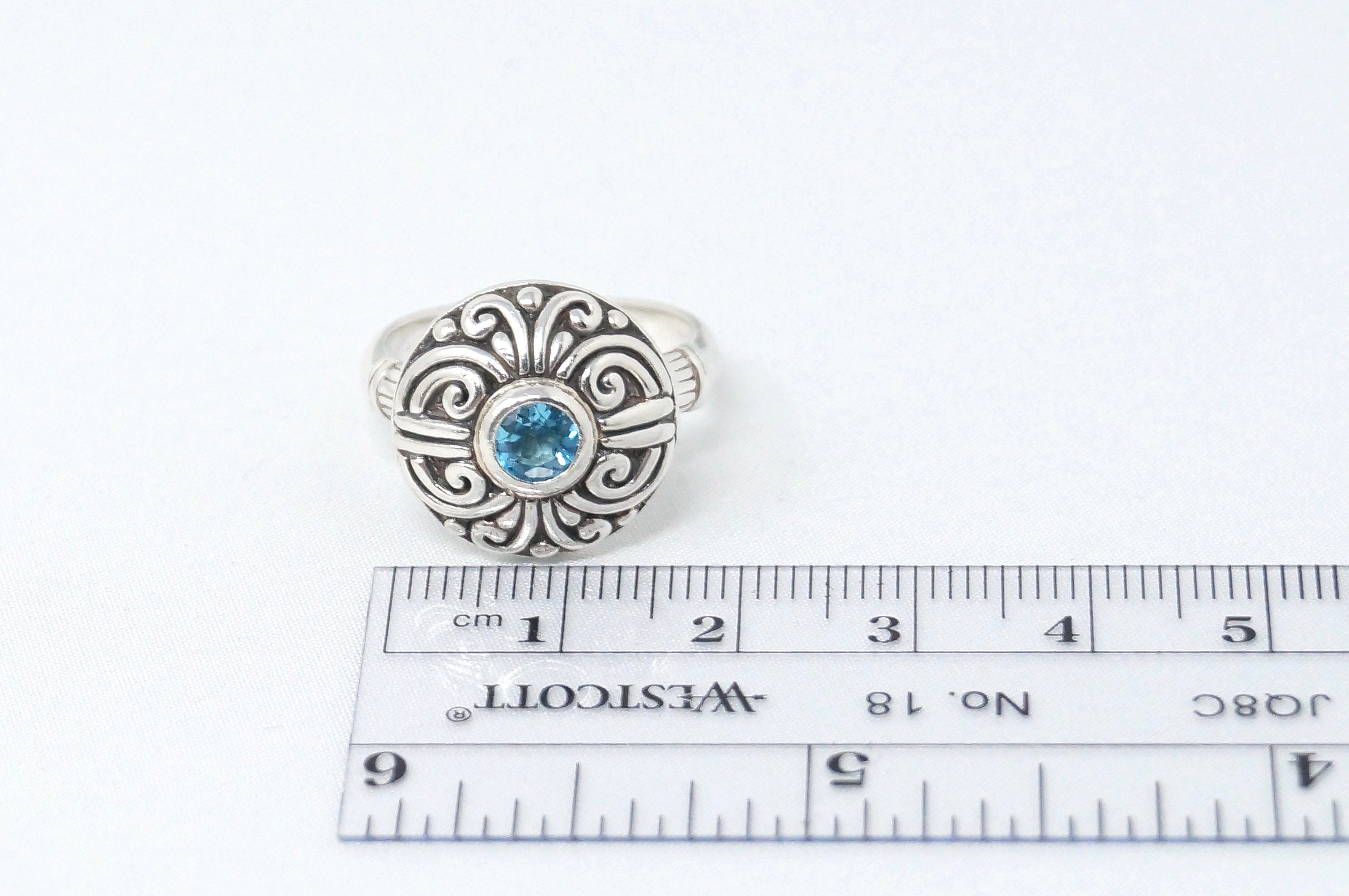 Vintage Balinese Style Blue Topaz Dome Swirl Scroll Sterling Silver Ring Size 8