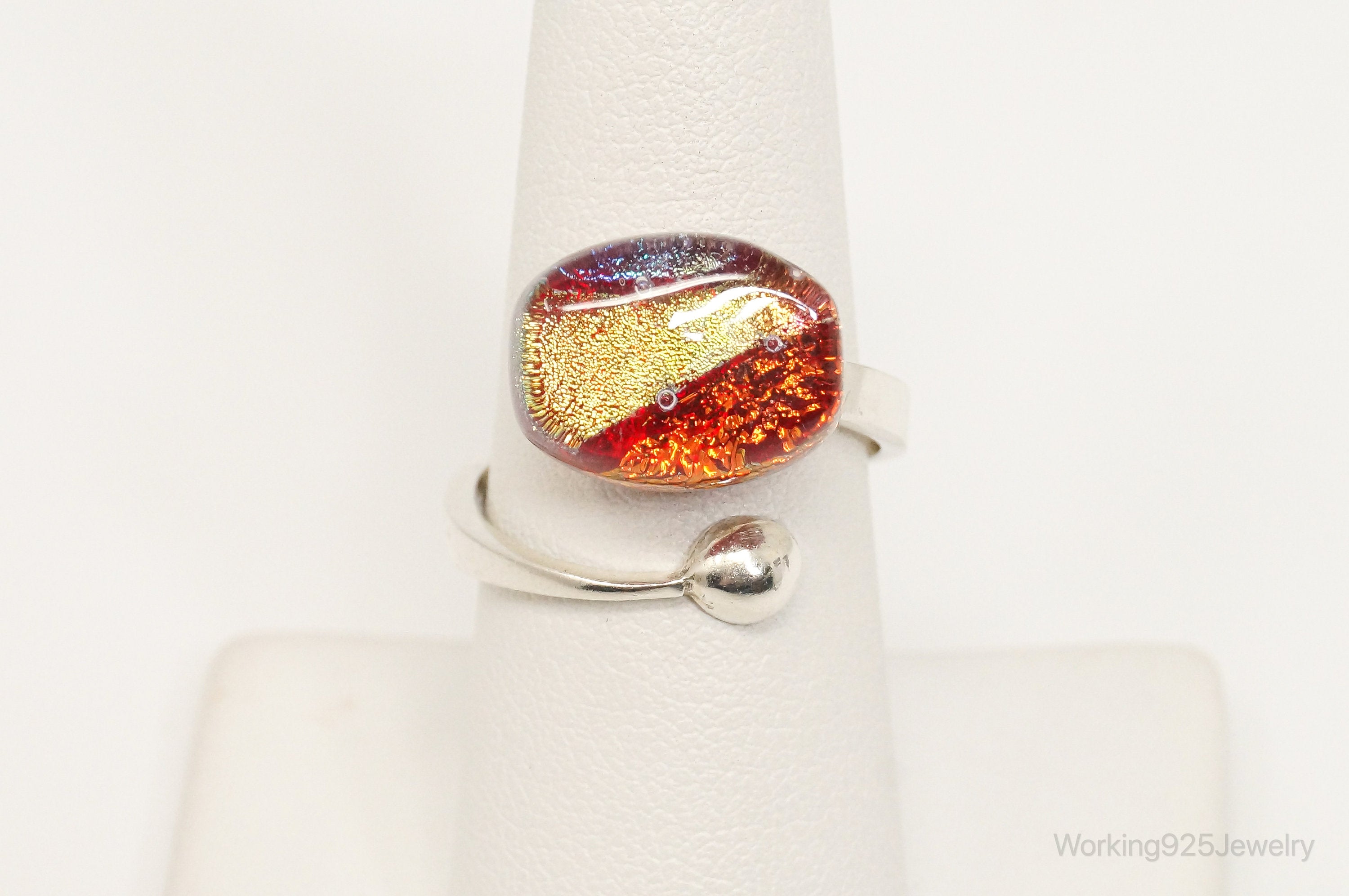 Vintage Glass Murano Sterling Silver Wrap Ring - Sz 7.75 Adjustable