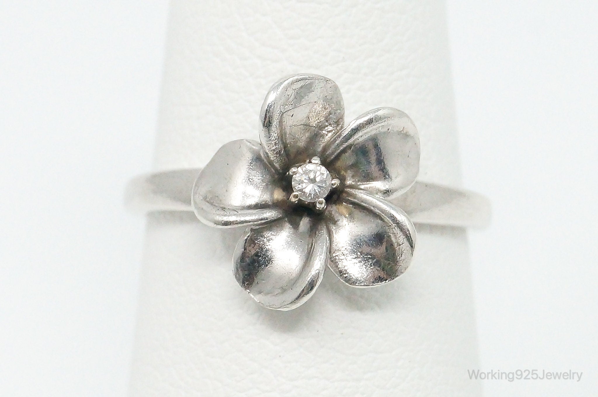 Vintage Cubic Zirconia Sterling Silver Flower Ring - Size 6