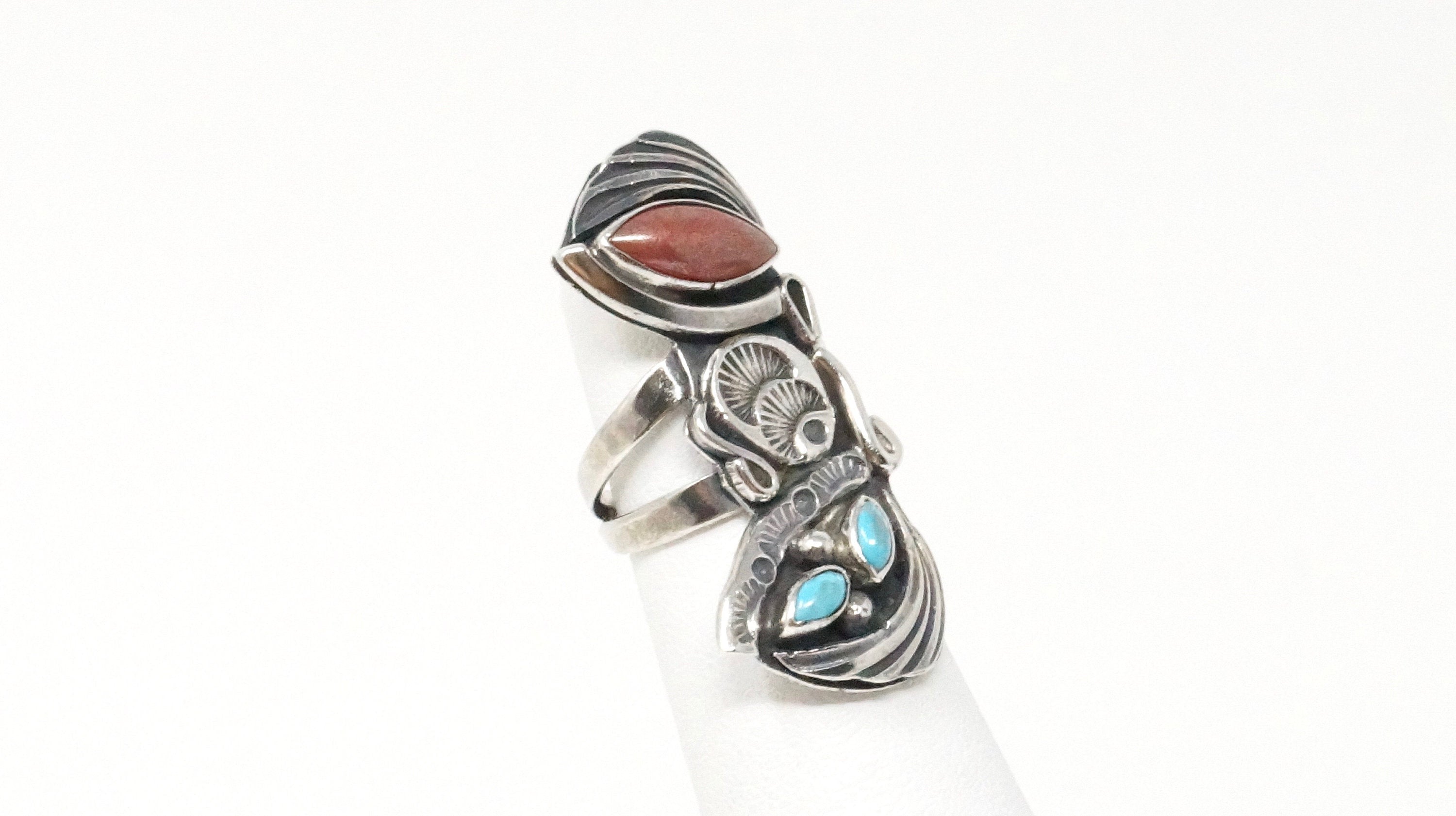 Native American Navajo Roger Skeet RS Turquoise Coral Sterling Silver Ring Sz 4