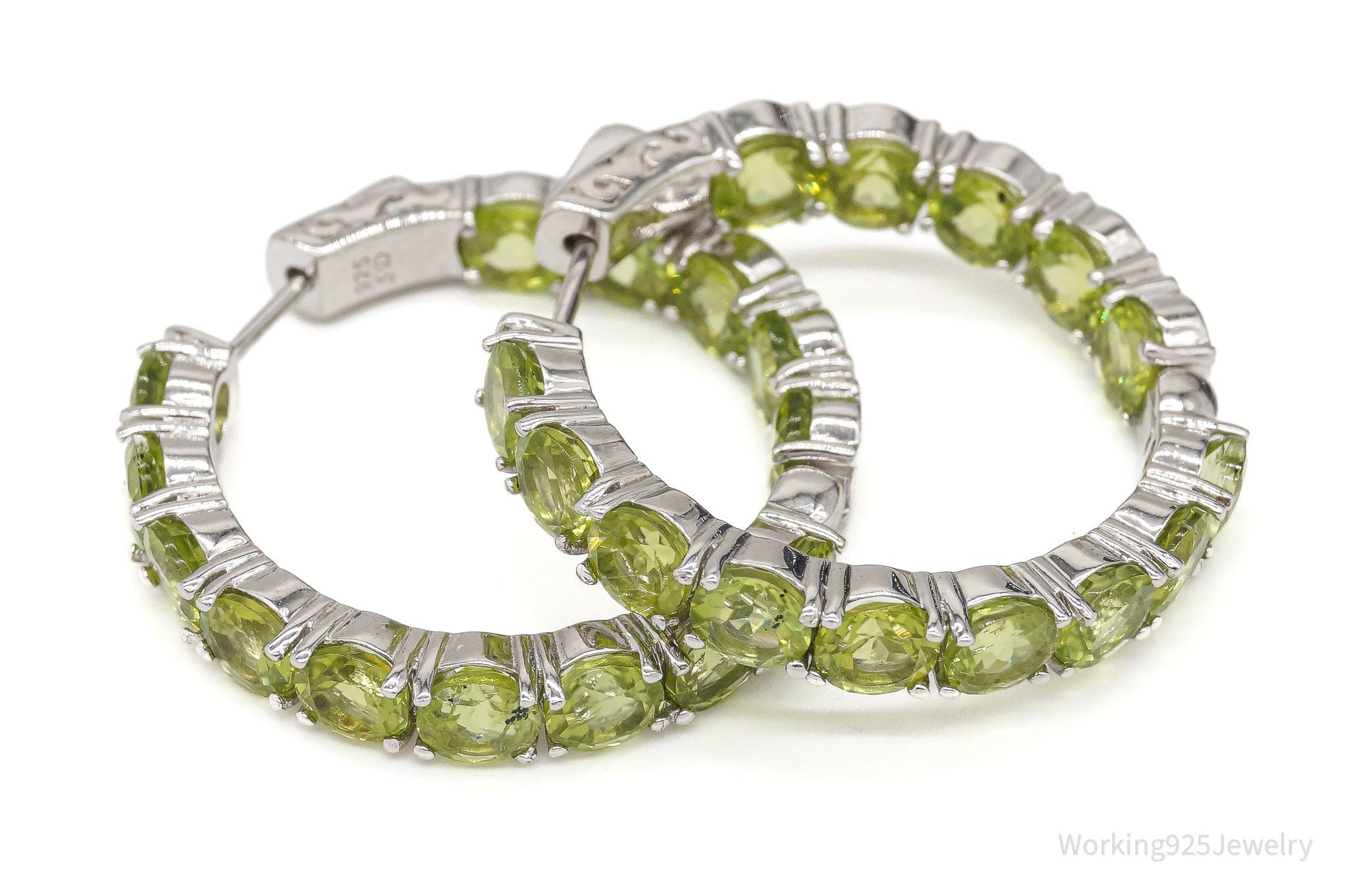 Large Designer SD Peridot Rhodium Over Sterling Silver Hoop Earrings