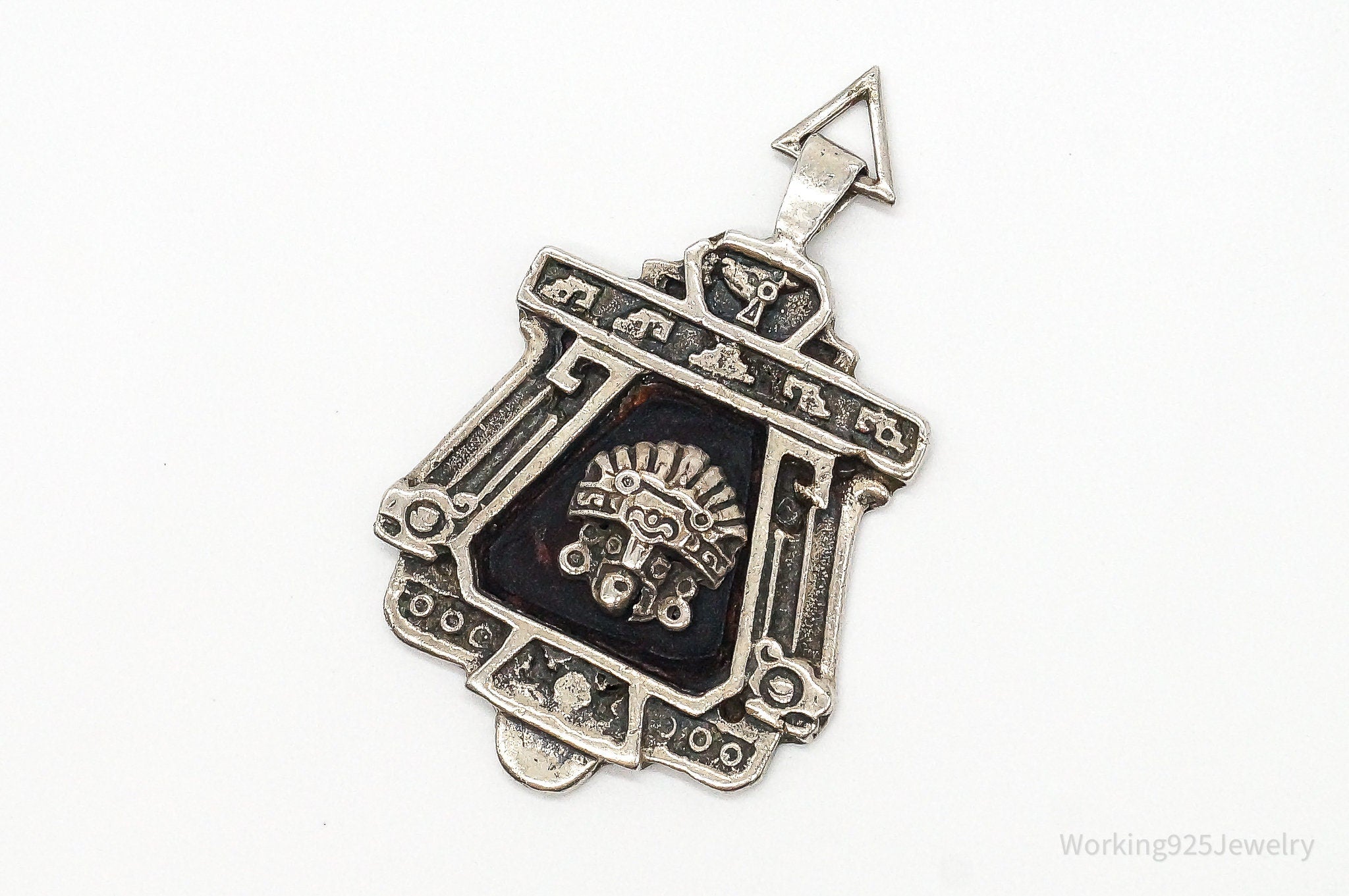 RARE Large Mexico Designer Aduna Aztec Leather Sterling Silver Pendant