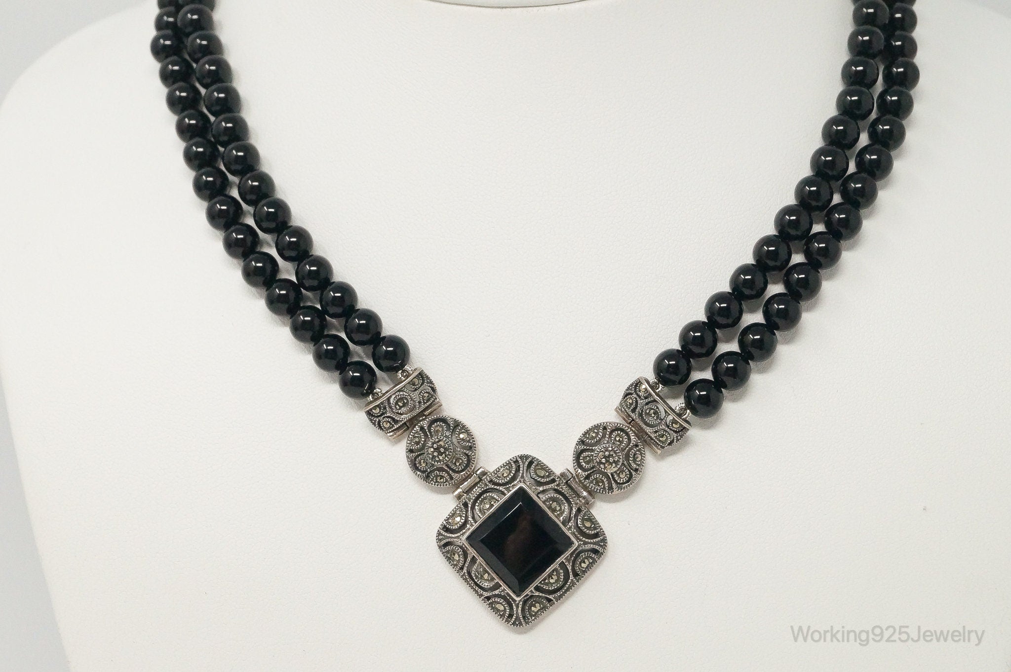 Vintage Designer Judith Jack Black Onyx Marcasite Sterling Silver Necklace