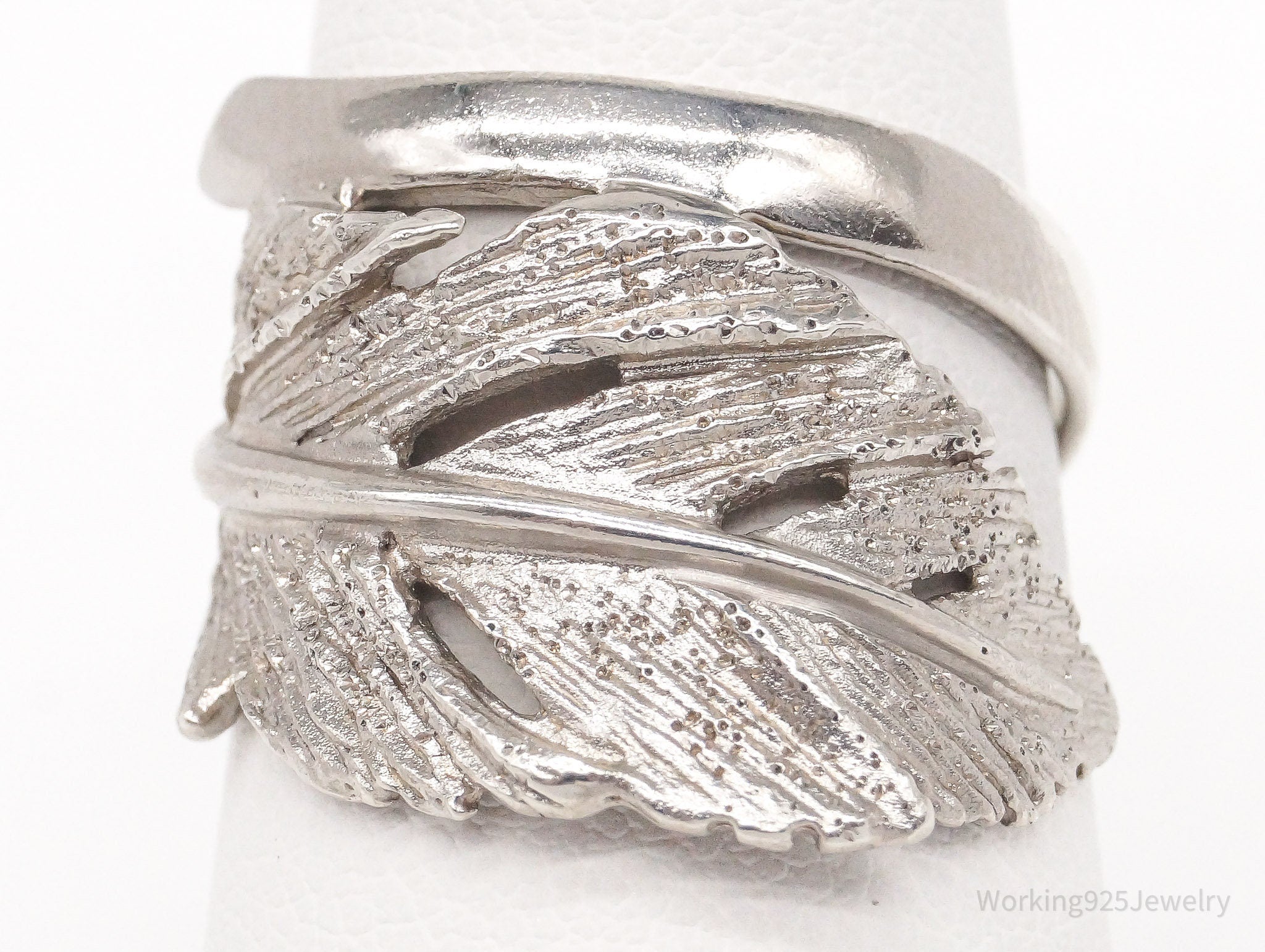 Vintage Italian Designer RCI Leaf Feather Sterling Silver Ring - Size 7.5