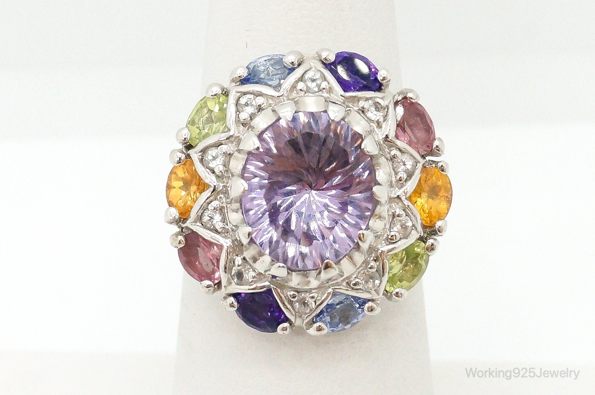 Designer Multi Gemstone Sterling Silver Ring - Size 6