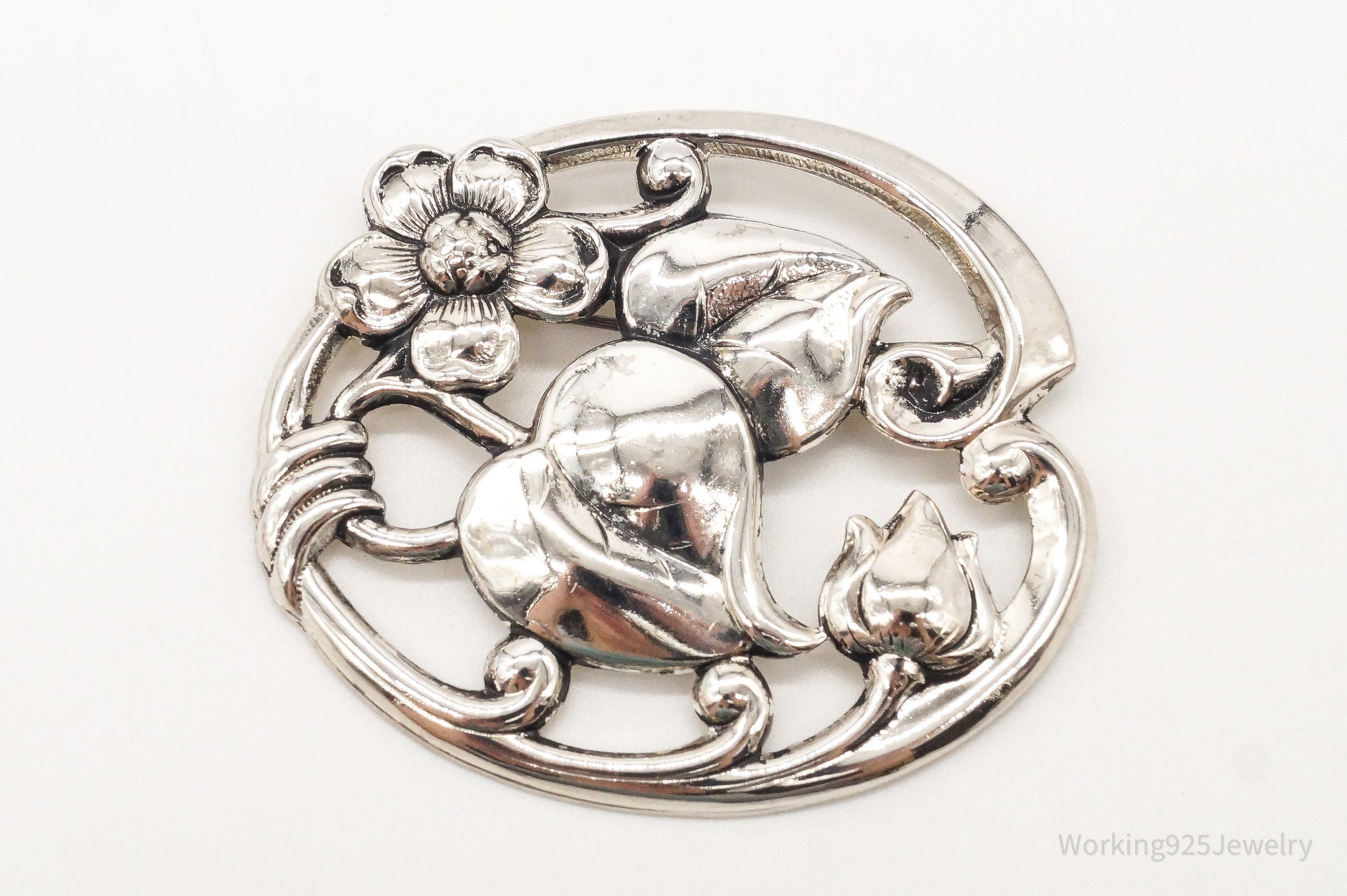 Antique Designer Silverman Bros Large Sterling Silver Floral Pin Brooch