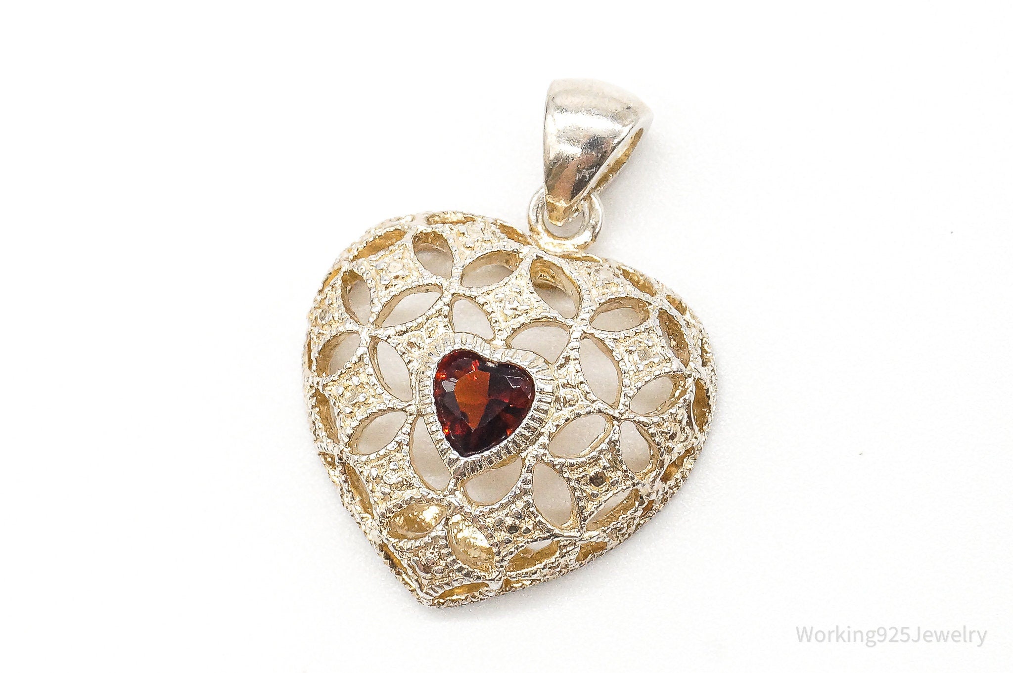 Vintage Designer Avon Garnet Heart Sterling Silver Pendant