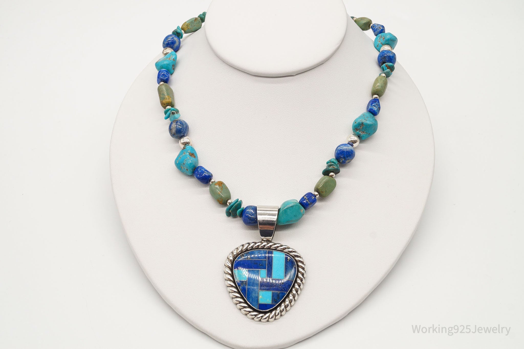 Vintage Carolyn Pollack Relios Turquoise Lapis Lazuli Sterling Silver Necklace