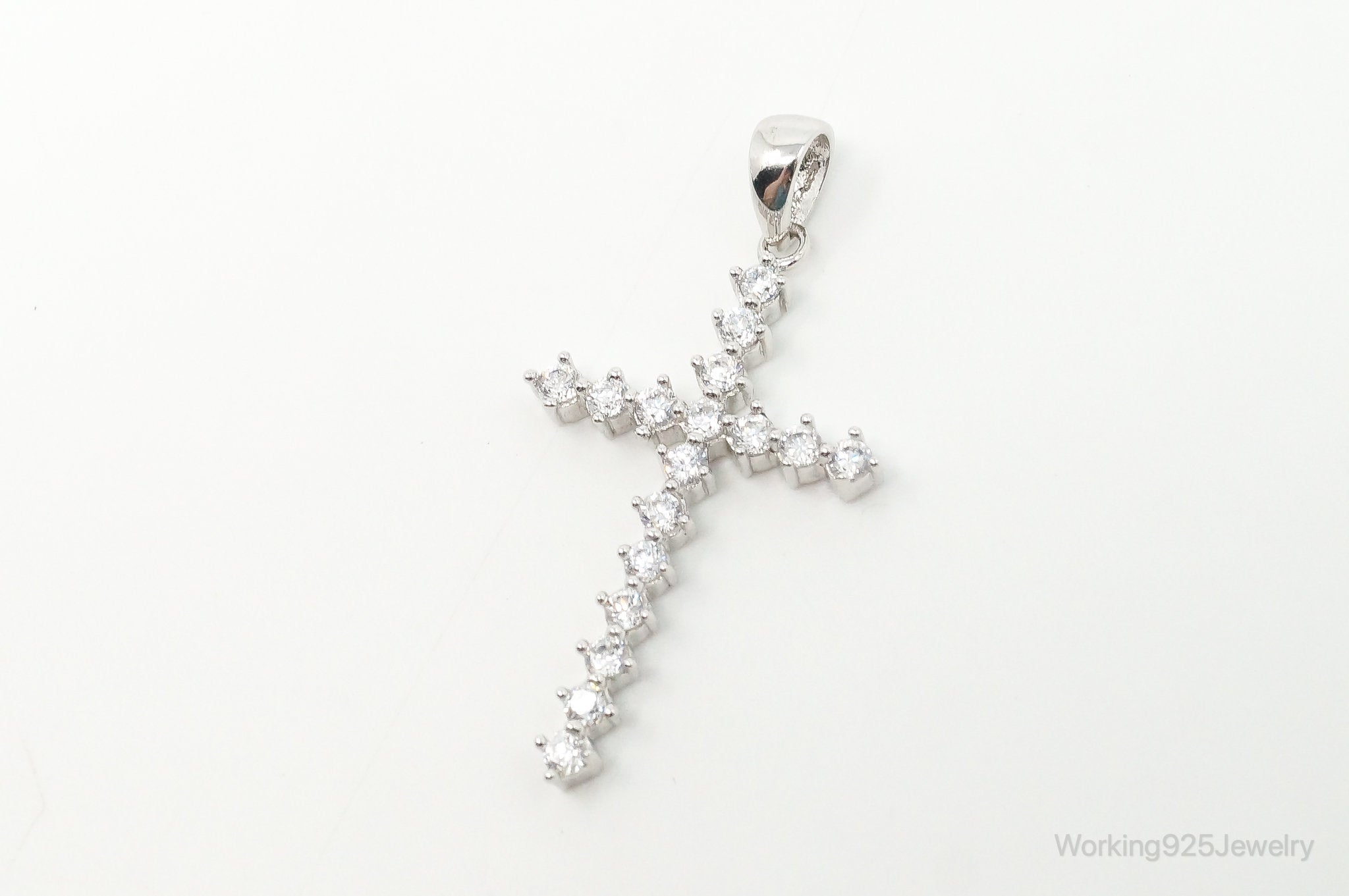 Large Vintage Cubic Zirconia Cross Sterling Silver Necklace Pendant