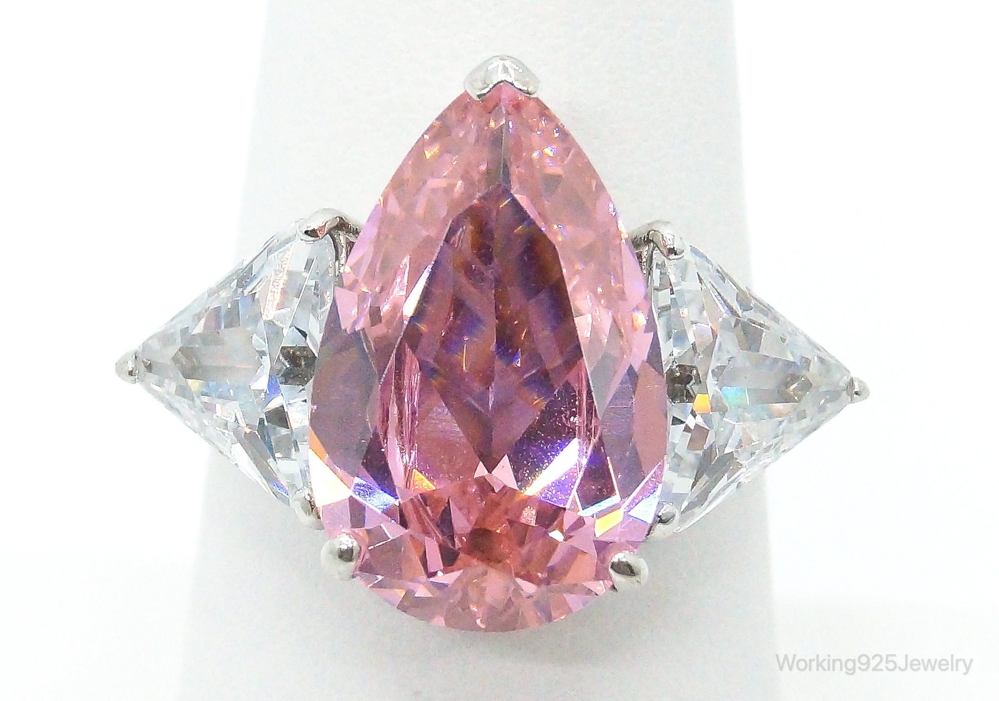 Large Pink Topaz & Cubic Zirconia Sterling Silver Ring - Size 7.25