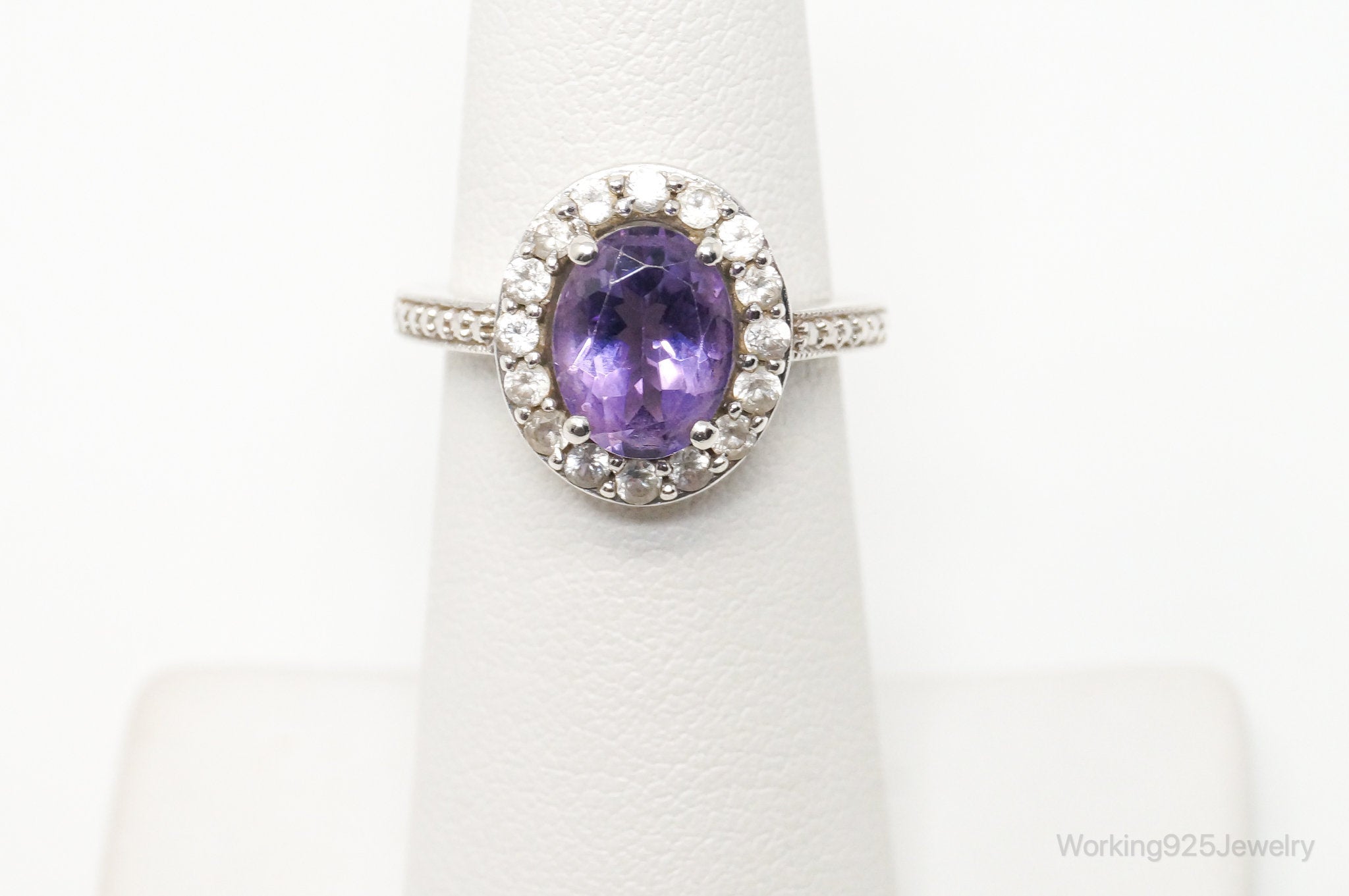 Vintage Designer Amethyst CZ Sterling Silver Ring - Sz 5.25