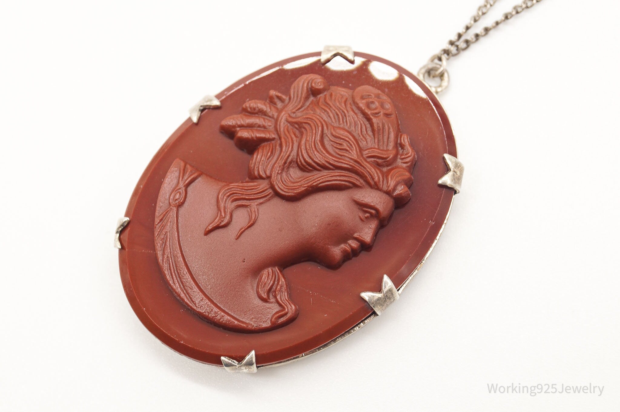 Antique Large Carved Stone Lady Cameo Sterling Silver Necklace