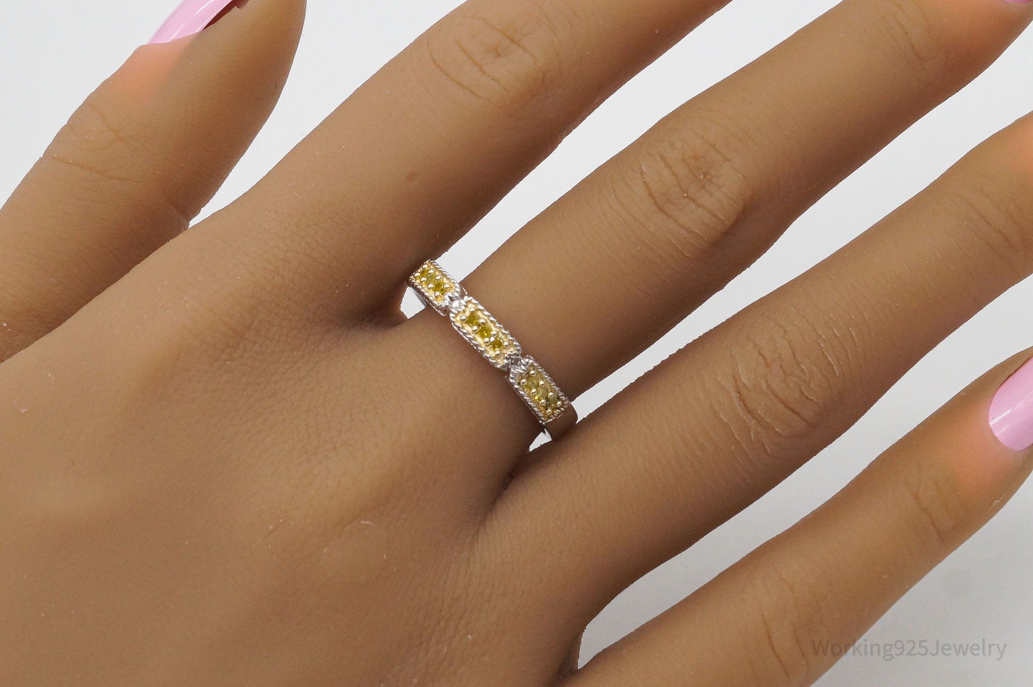 Vintage Designer Yellow Diamond Sterling Silver Band Ring - Size 9.75